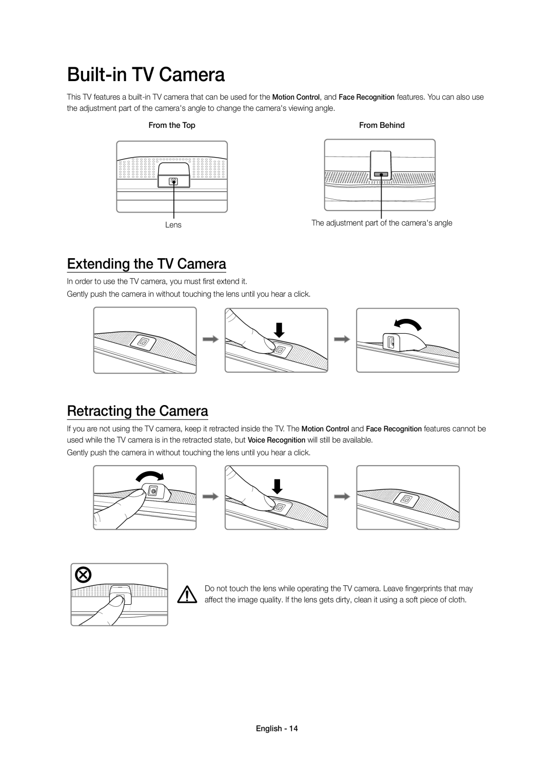 Samsung UE78HU8500LXXC, UE78HU8500LXXH manual Built-in TV Camera, Extending the TV Camera, Retracting the Camera, Lens 