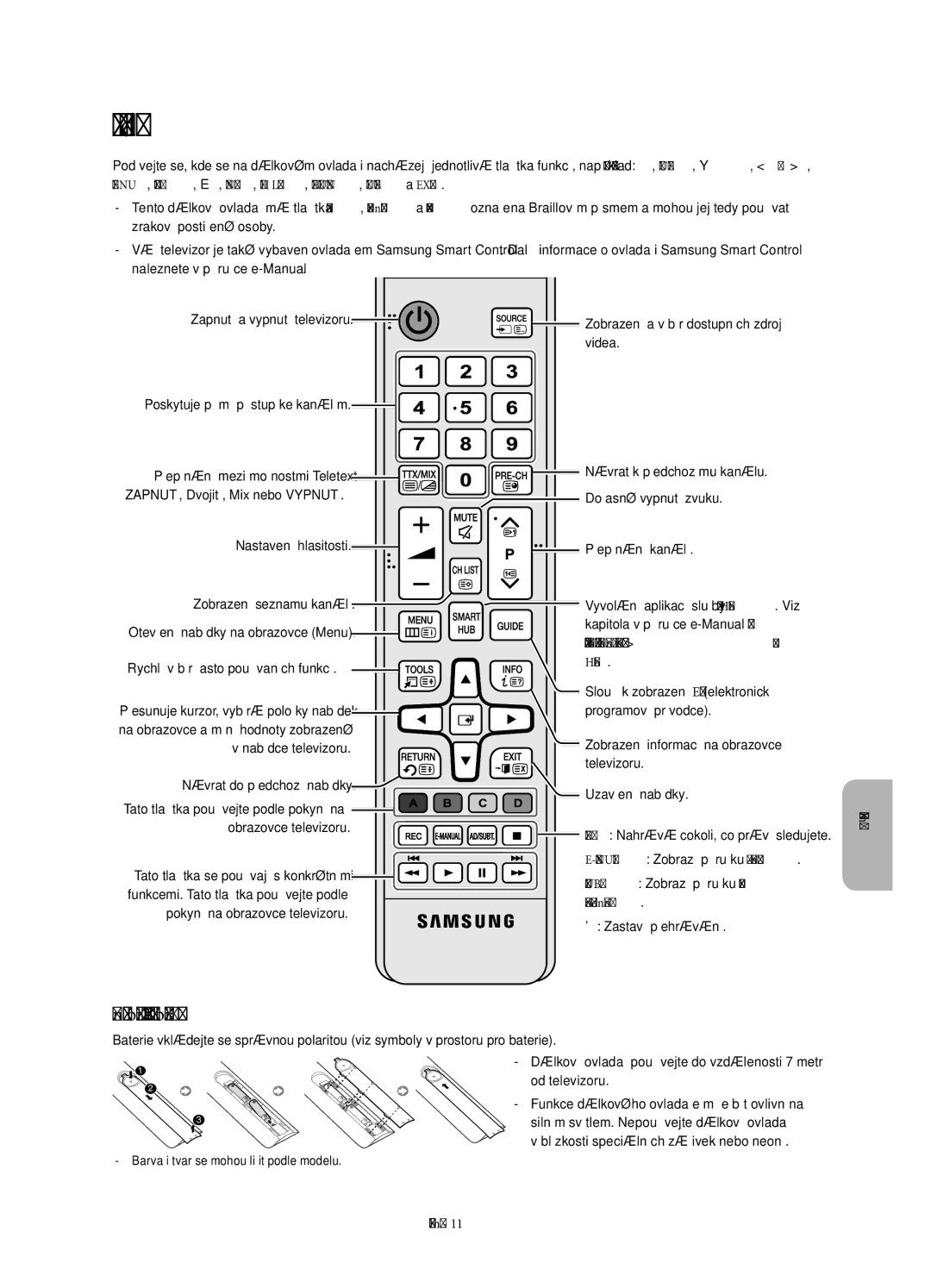 Samsung UE78HU8500TXXU, UE78HU8500LXXH, UE78HU8500LXZF manual Dálkový ovladač, Instalace baterií velikost baterií AAA 