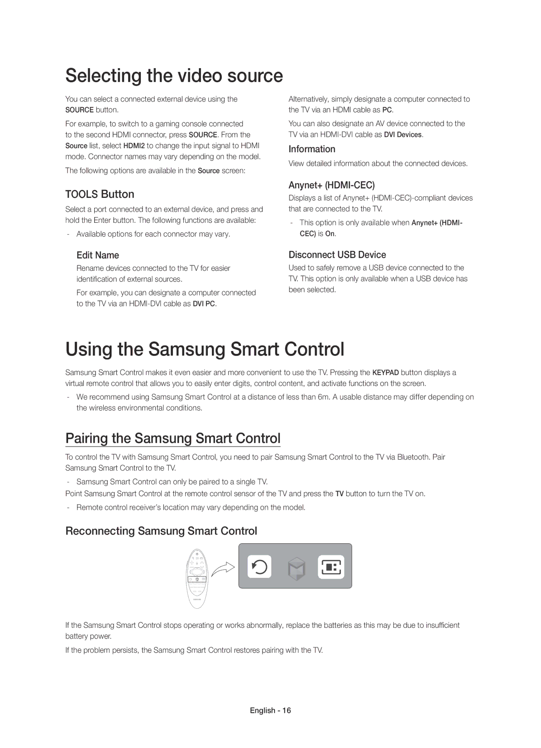 Samsung UE78HU8500LXXN Selecting the video source, Using the Samsung Smart Control, Pairing the Samsung Smart Control 