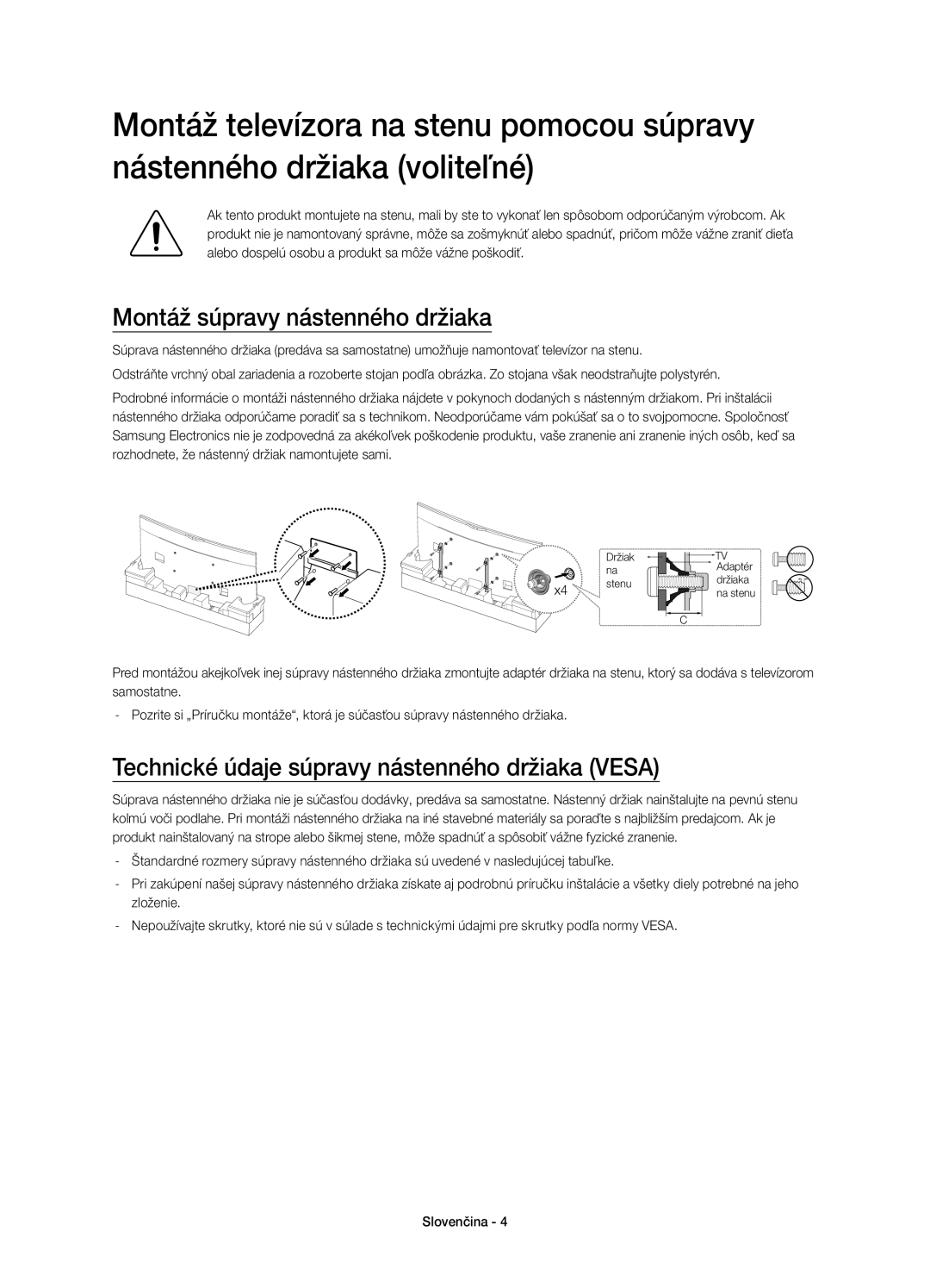 Samsung UE78HU8500LXXN, UE78HU8500LXXH Montáž súpravy nástenného držiaka, Technické údaje súpravy nástenného držiaka Vesa 