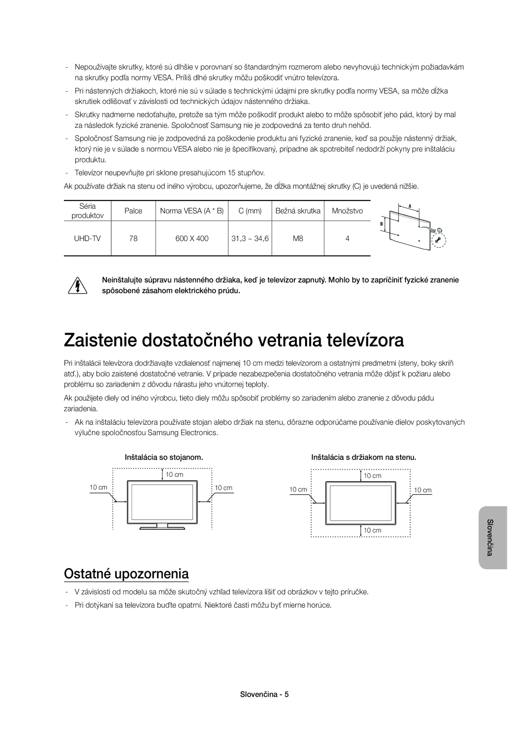 Samsung UE78HU8500TXXU, UE78HU8500LXXH manual Zaistenie dostatočného vetrania televízora, Ostatné upozornenia, Množstvo 