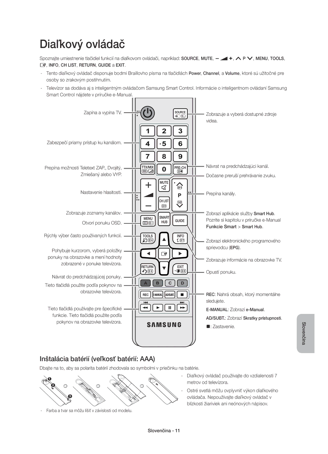 Samsung UE78HU8500TXXU, UE78HU8500LXXH, UE78HU8500LXZF manual Diaľkový ovládač, Inštalácia batérií veľkosť batérií AAA 