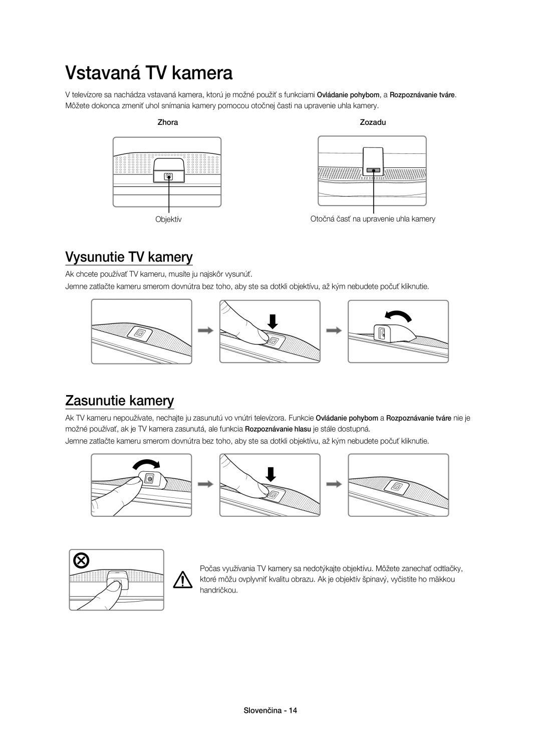 Samsung UE78HU8500LXXC, UE78HU8500LXXH manual Vstavaná TV kamera, Vysunutie TV kamery, Zasunutie kamery, Zhora, Objektív 