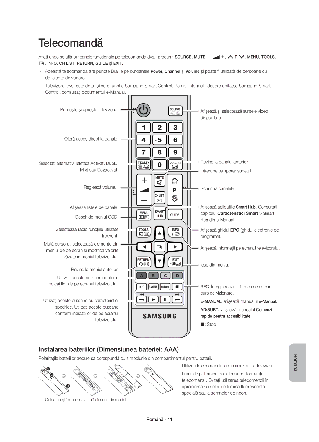 Samsung UE78HU8500TXXU, UE78HU8500LXXH, UE78HU8500LXZF manual Telecomandă, Instalarea bateriilor Dimensiunea bateriei AAA 