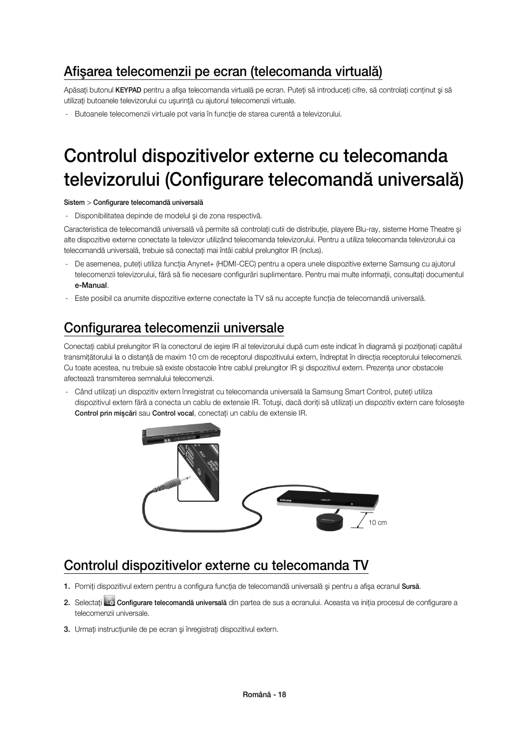 Samsung UE78HU8500LXXH manual Afişarea telecomenzii pe ecran telecomanda virtuală, Configurarea telecomenzii universale 