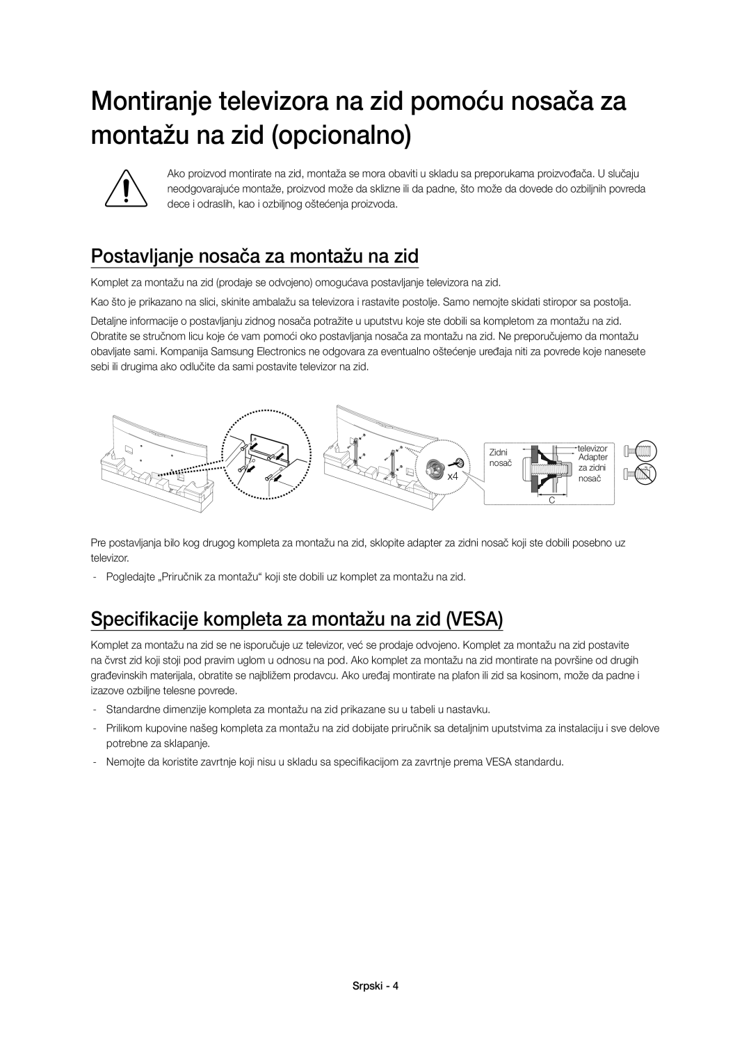 Samsung UE78HU8500LXXN manual Postavljanje nosača za montažu na zid, Specifikacije kompleta za montažu na zid Vesa 