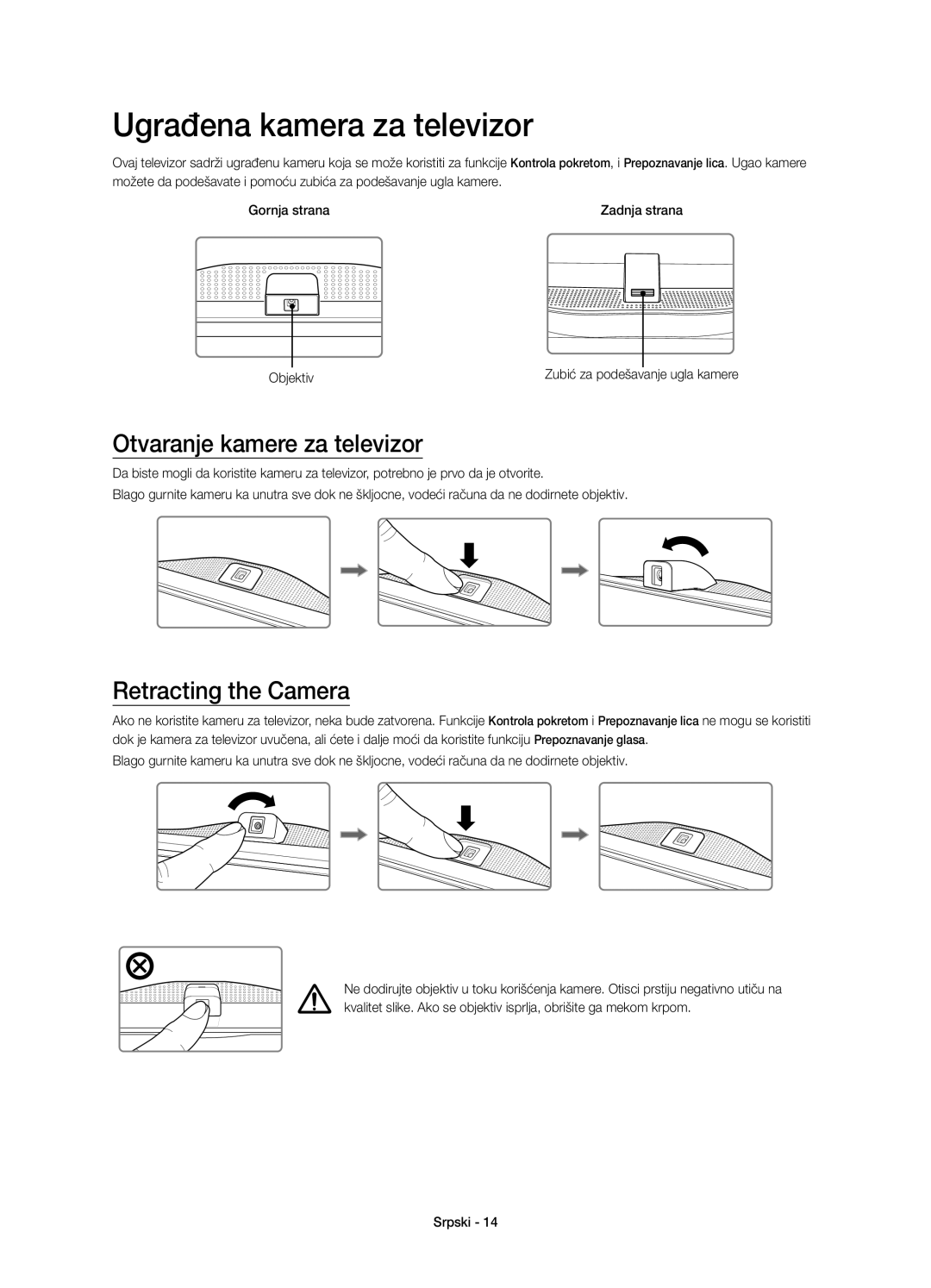 Samsung UE78HU8500LXXC, UE78HU8500LXXH, UE78HU8500LXZF manual Ugrađena kamera za televizor, Otvaranje kamere za televizor 