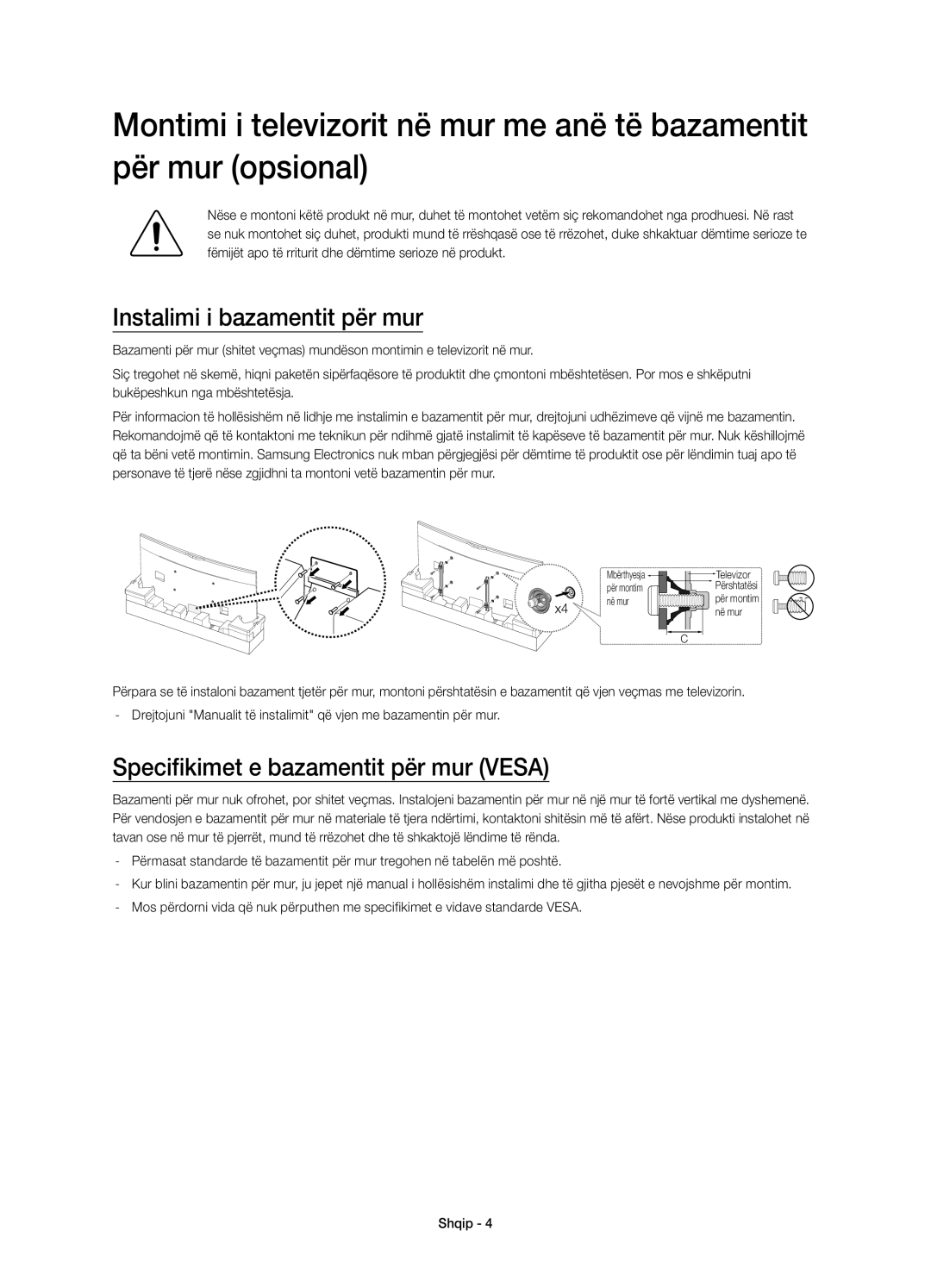 Samsung UE78HU8500LXXN, UE78HU8500LXXH manual Instalimi i bazamentit për mur, Specifikimet e bazamentit për mur Vesa 