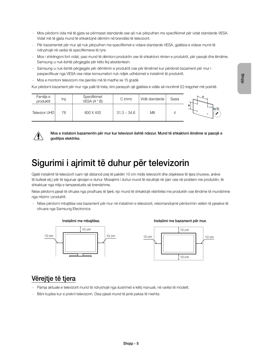 Samsung UE78HU8500TXXU, UE78HU8500LXXH manual Sigurimi i ajrimit të duhur për televizorin, Vërejtje të tjera, Sasia 