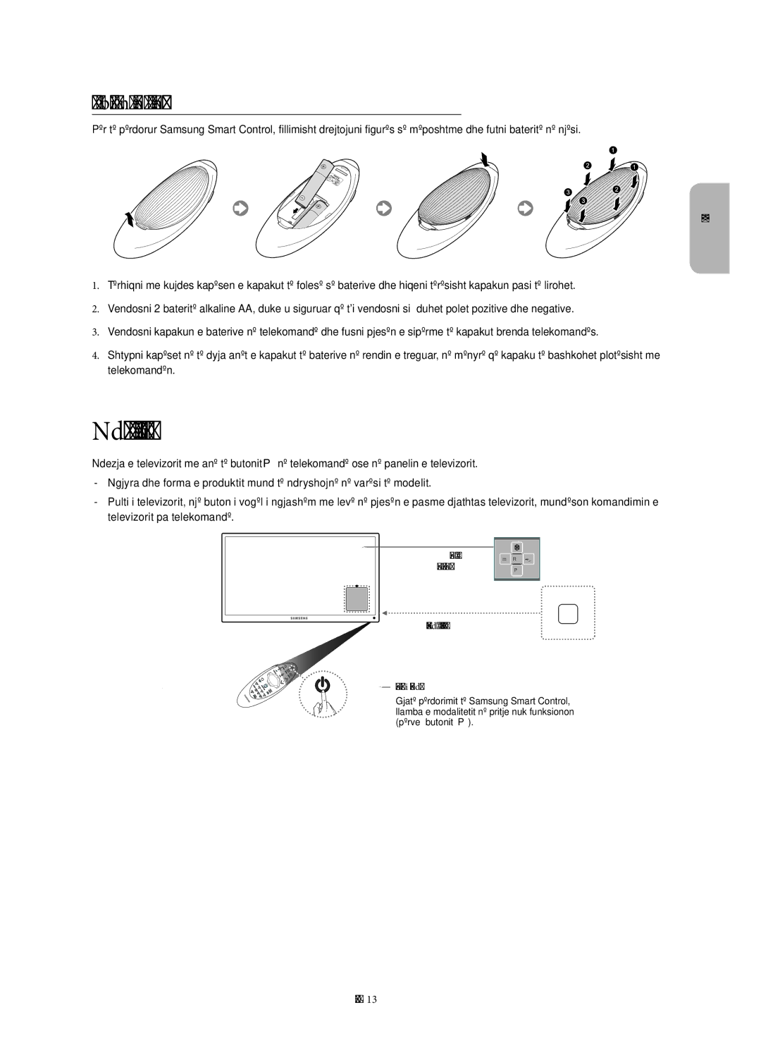 Samsung UE78HU8500LXZF, UE78HU8500LXXH, UE78HU8500LXXC manual Ndezja e televizorit, Futja e baterive në Samsung Smart Control 