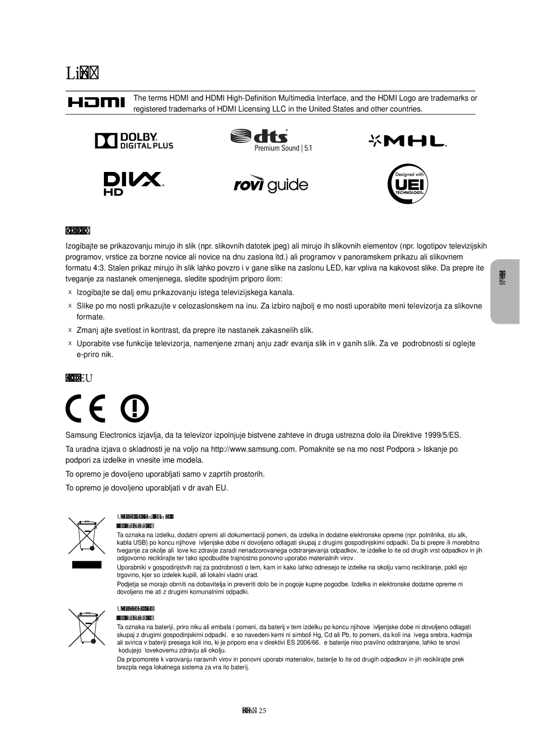 Samsung UE78HU8500LXZF, UE78HU8500LXXH manual Opozorilo o mirujočih slikah, Priporočilo samo EU, Formate, Priročnik 