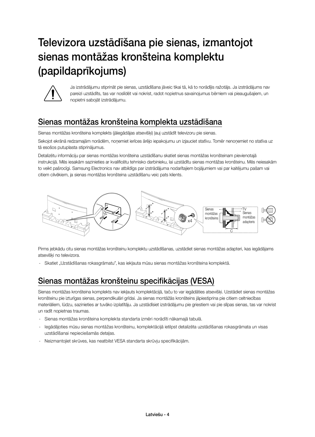 Samsung UE78HU8500LXXN Sienas montāžas kronšteina komplekta uzstādīšana, Sienas montāžas kronšteinu specifikācijas Vesa 