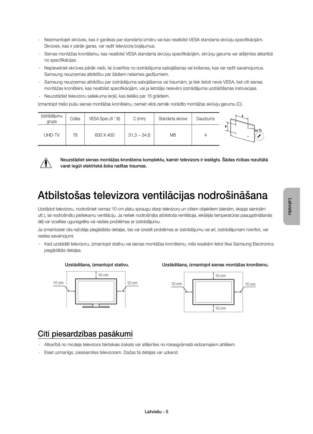 Samsung UE78HU8500TXXU Atbilstošas televizora ventilācijas nodrošināšana, Citi piesardzības pasākumi, Collas, Daudzums 