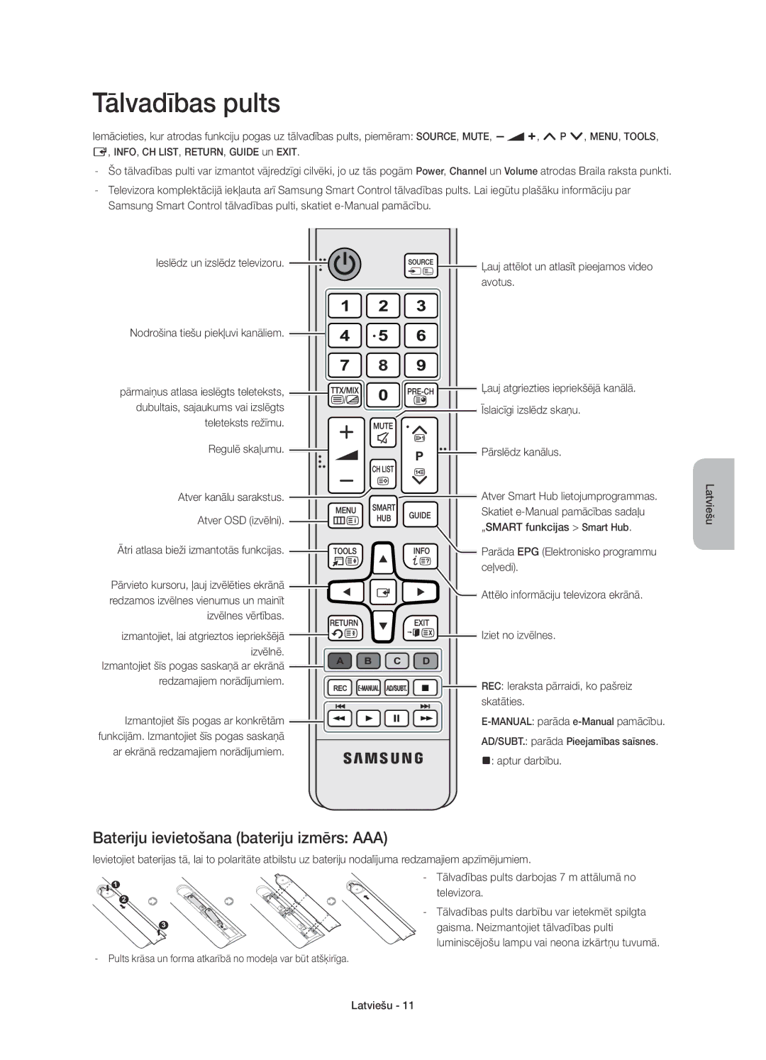 Samsung UE78HU8500TXXU, UE78HU8500LXXH, UE78HU8500LXZF manual Tālvadības pults, Bateriju ievietošana bateriju izmērs AAA 