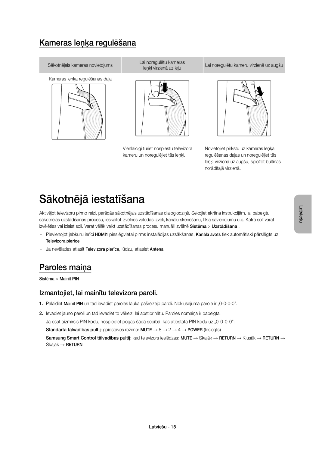 Samsung UE78HU8500TXXH, UE78HU8500LXXH, UE78HU8500LXZF manual Sākotnējā iestatīšana, Kameras leņķa regulēšana, Paroles maiņa 