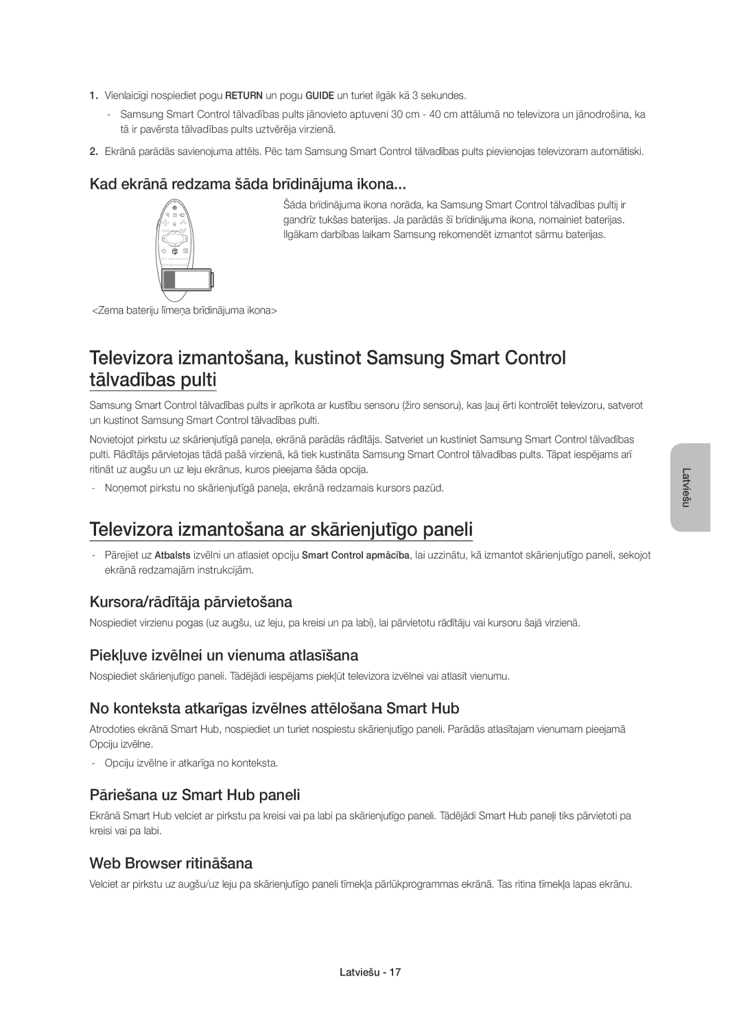 Samsung UE78HU8500TXXU, UE78HU8500LXXH, UE78HU8500LXZF, UE78HU8500LXXC manual Televizora izmantošana ar skārienjutīgo paneli 