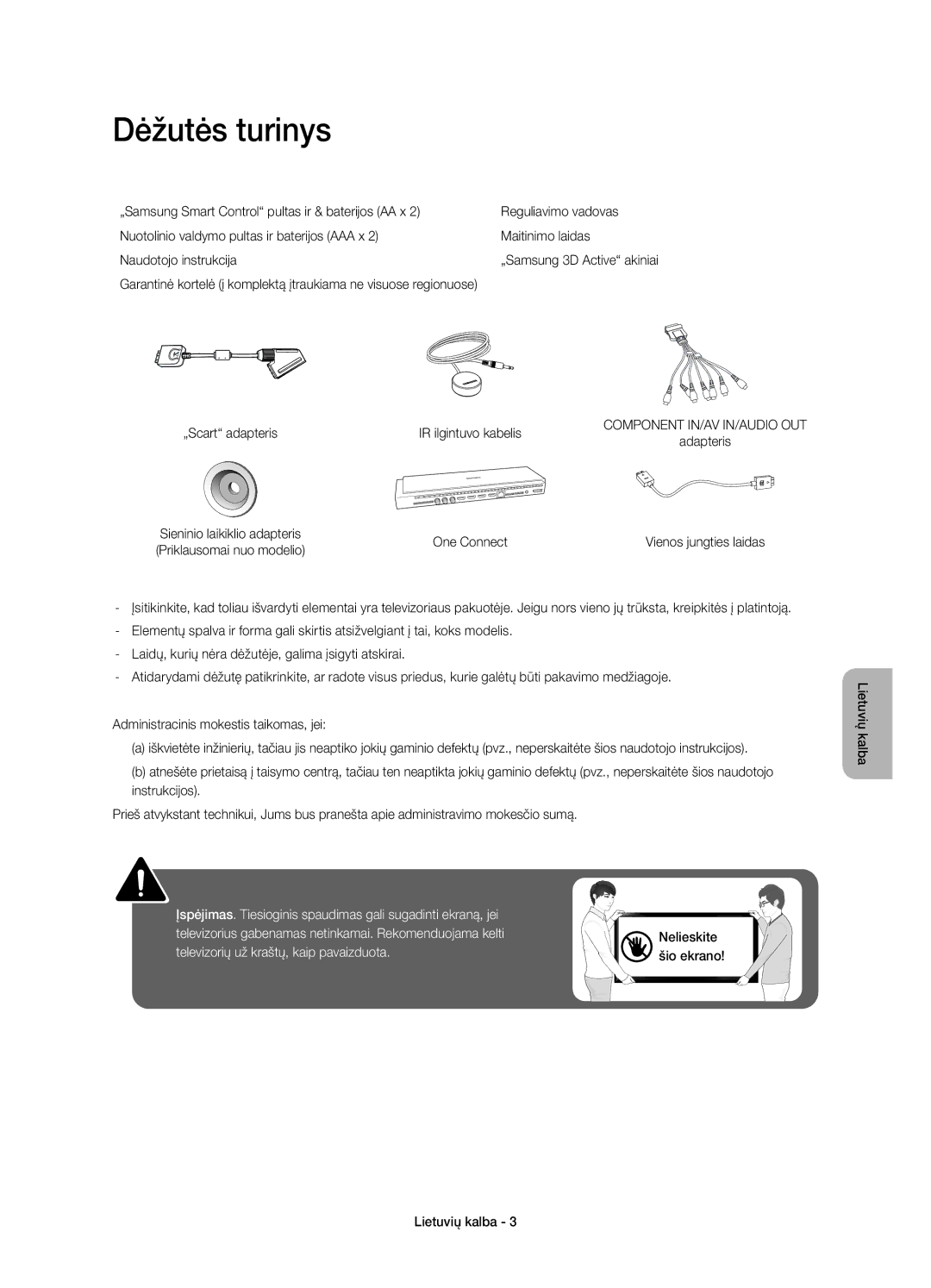 Samsung UE78HU8500TXXH, UE78HU8500LXXH, UE78HU8500LXZF manual Dėžutės turinys, „Scart adapteris IR ilgintuvo kabelis 