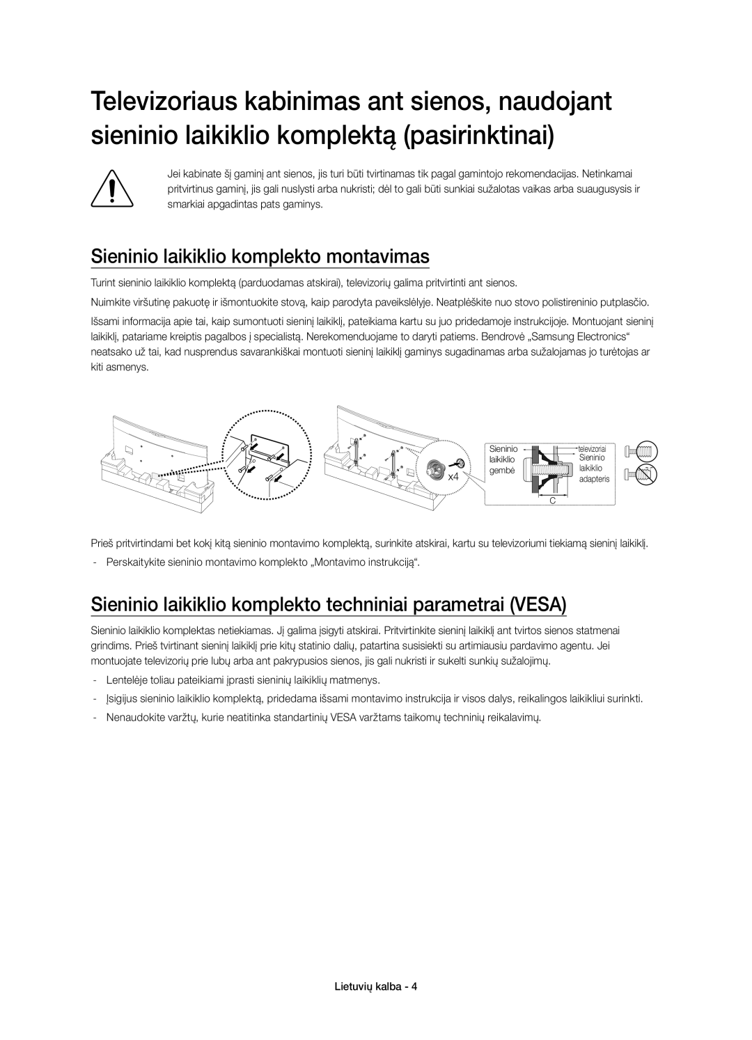 Samsung UE78HU8500LXXN Sieninio laikiklio komplekto montavimas, Sieninio laikiklio komplekto techniniai parametrai Vesa 