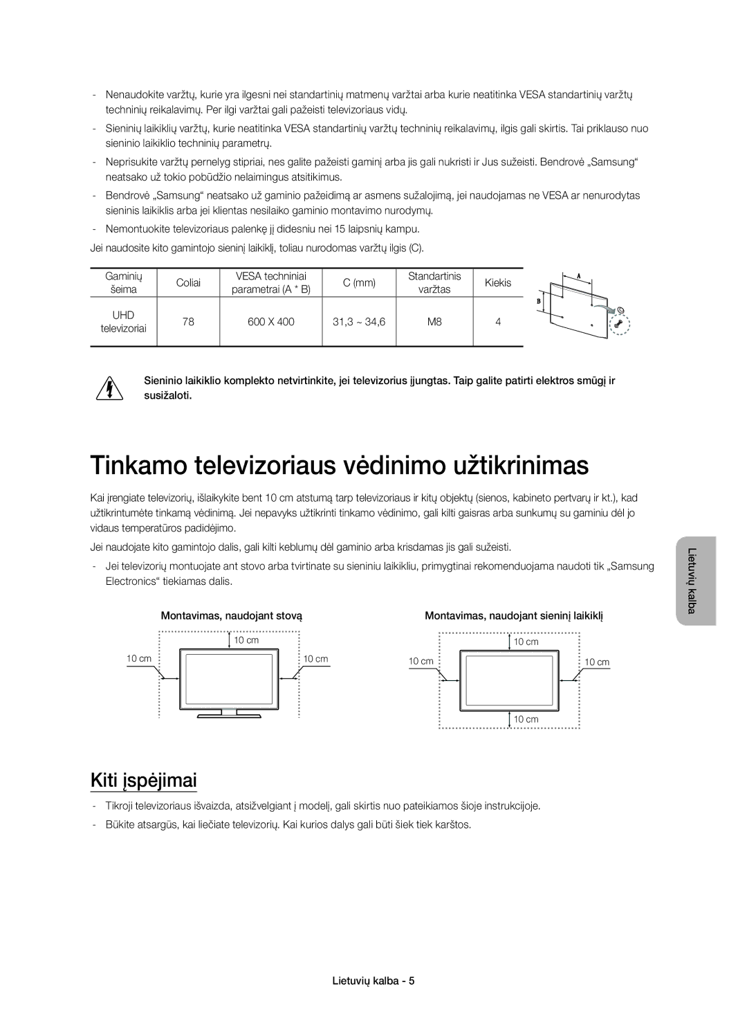 Samsung UE78HU8500TXXU Tinkamo televizoriaus vėdinimo užtikrinimas, Kiti įspėjimai, Montavimas, naudojant sieninį laikiklį 