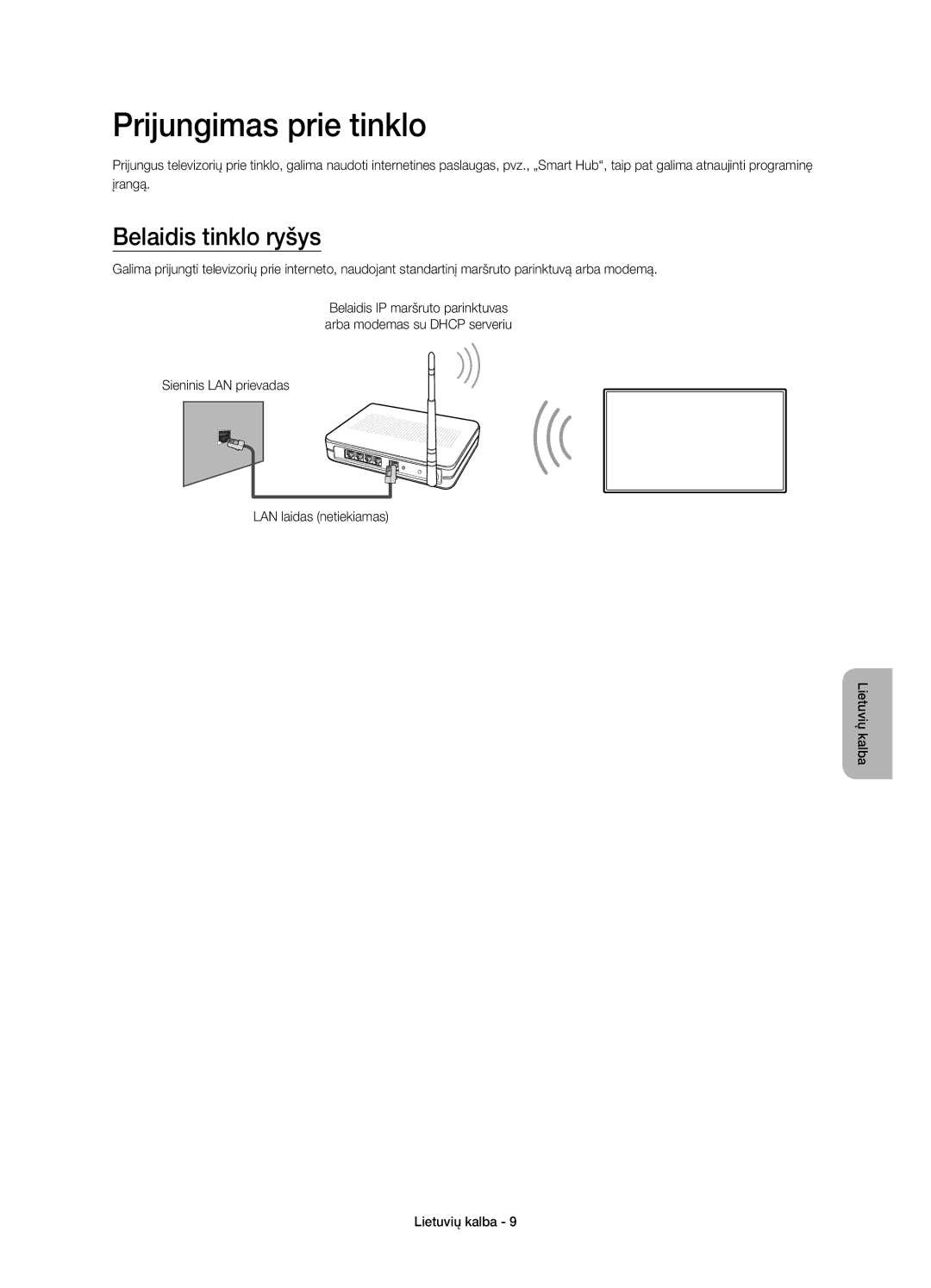 Samsung UE78HU8500TXXH manual Prijungimas prie tinklo, Belaidis tinklo ryšys, Sieninis LAN prievadas LAN laidas netiekiamas 