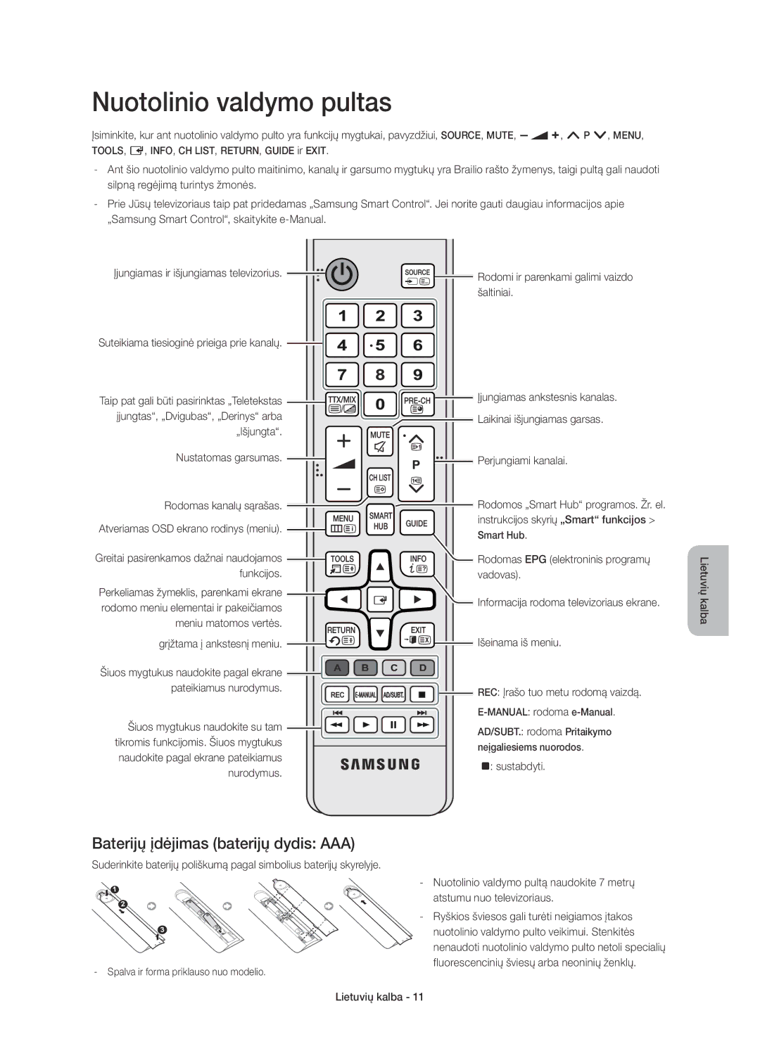 Samsung UE78HU8500TXXU, UE78HU8500LXXH, UE78HU8500LXZF manual Nuotolinio valdymo pultas, Baterijų įdėjimas baterijų dydis AAA 