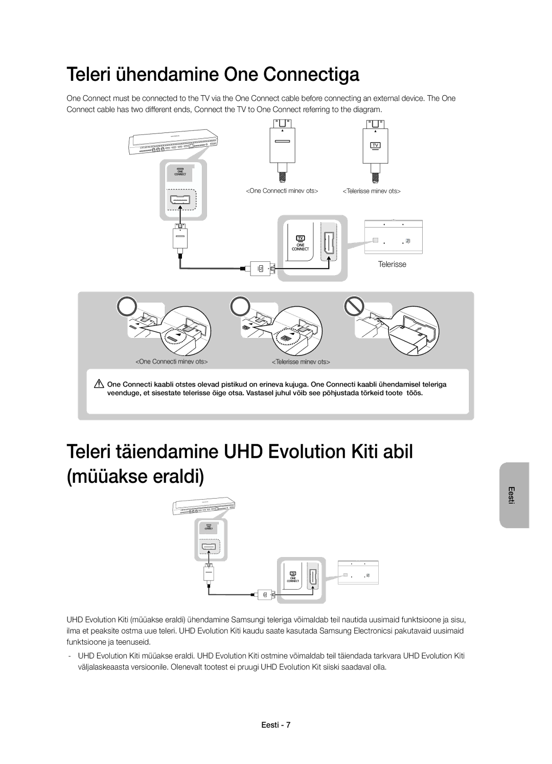 Samsung UE78HU8500LXZF manual Teleri ühendamine One Connectiga, Teleri täiendamine UHD Evolution Kiti abil müüakse eraldi 