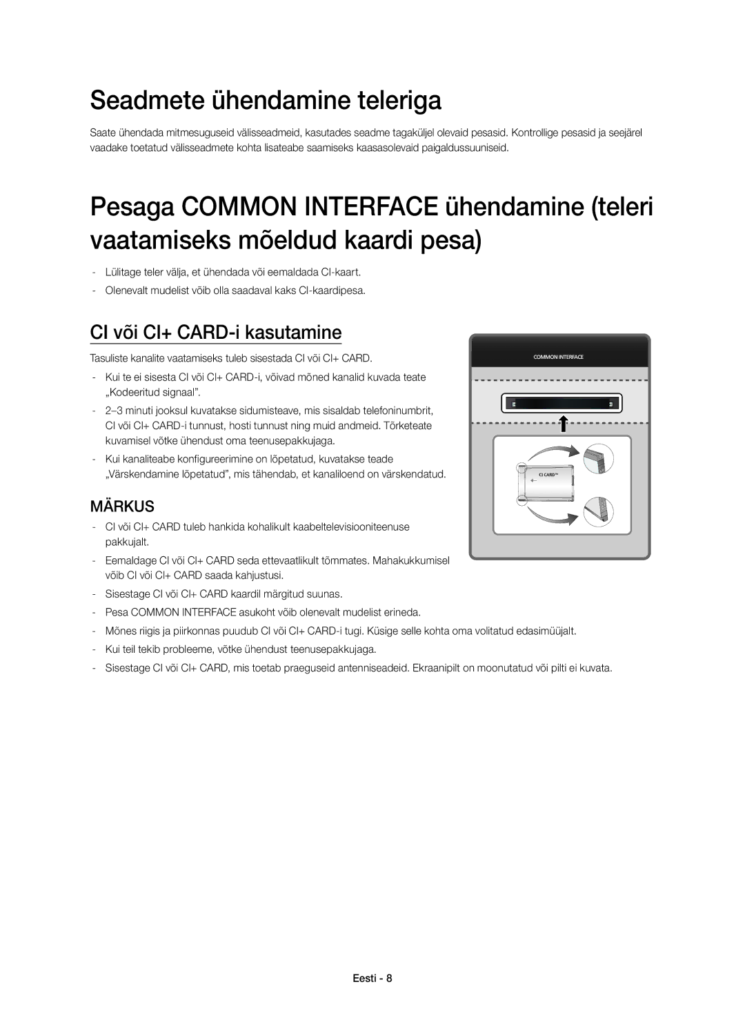 Samsung UE78HU8500LXXC, UE78HU8500LXXH, UE78HU8500LXZF manual Seadmete ühendamine teleriga, CI või CI+ CARD-i kasutamine 