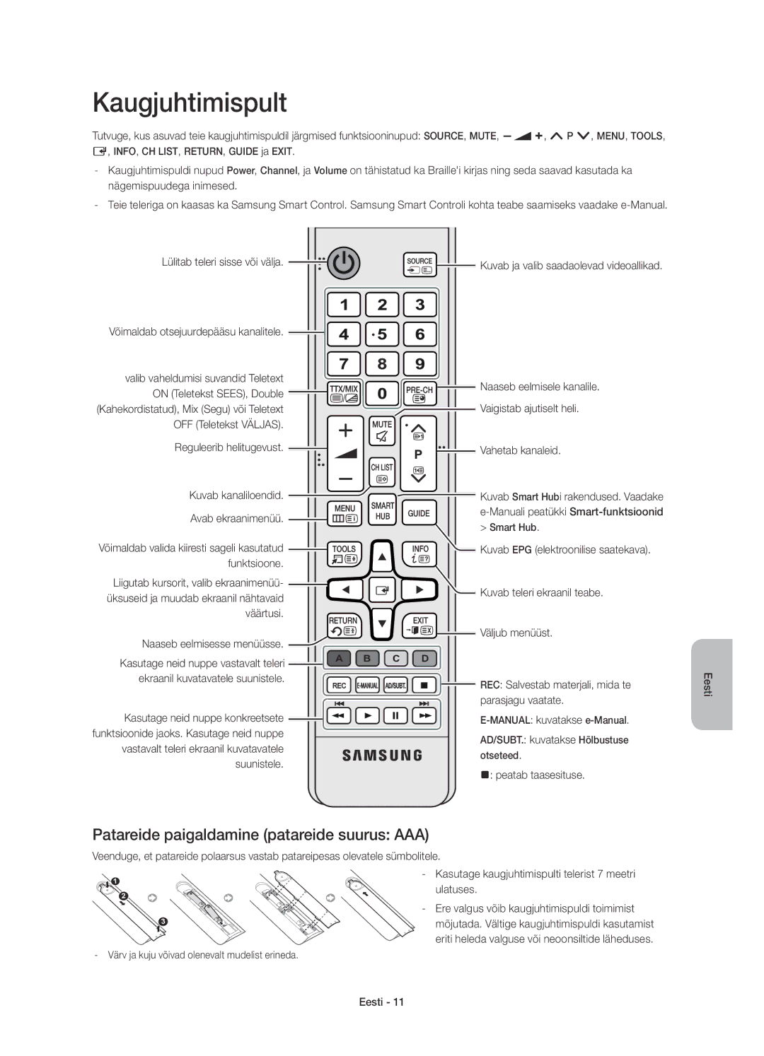 Samsung UE78HU8500TXXU, UE78HU8500LXXH, UE78HU8500LXZF manual Kaugjuhtimispult, Patareide paigaldamine patareide suurus AAA 