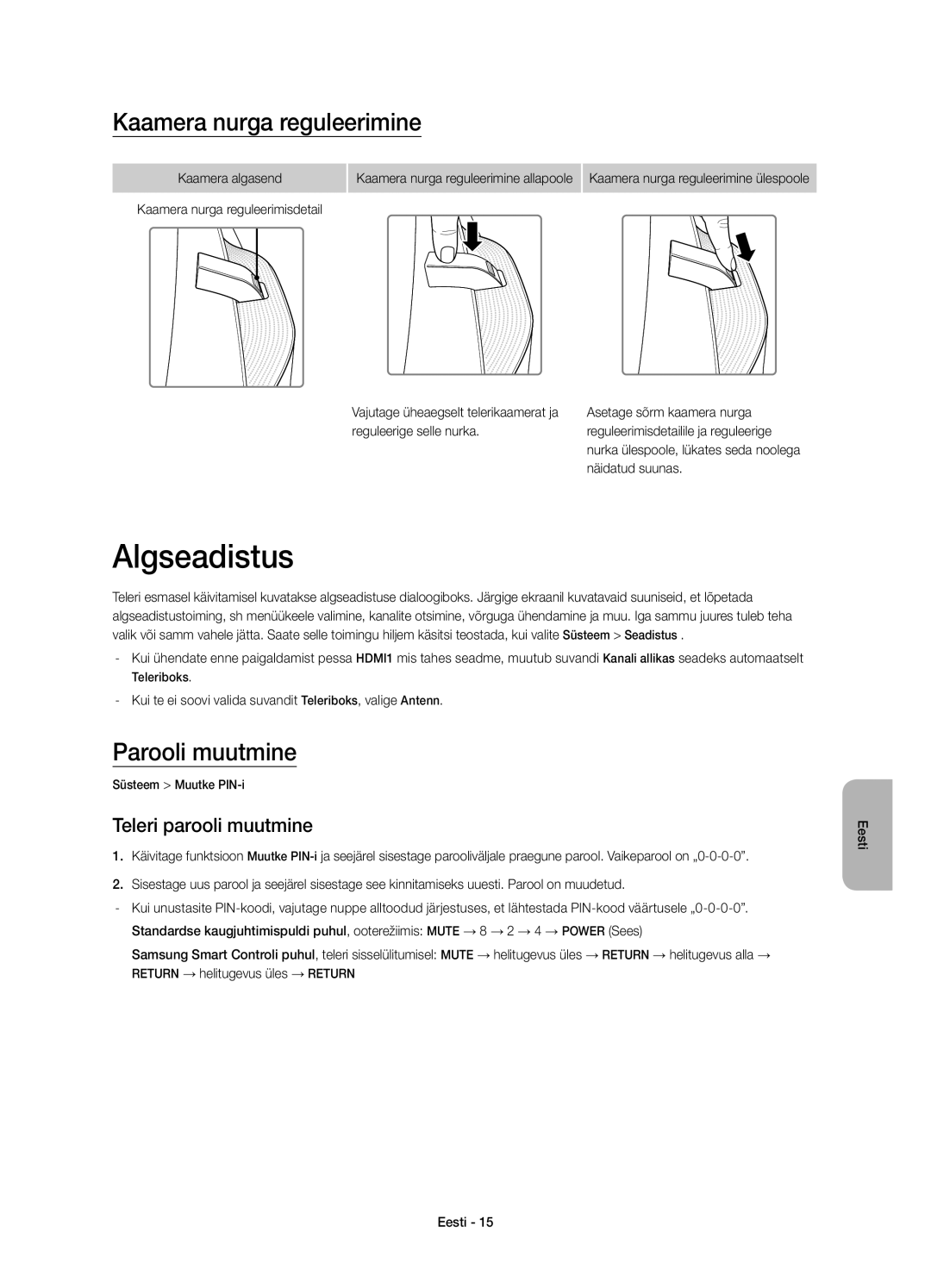 Samsung UE78HU8500TXXH manual Algseadistus, Kaamera nurga reguleerimine, Parooli muutmine, Teleri parooli muutmine 