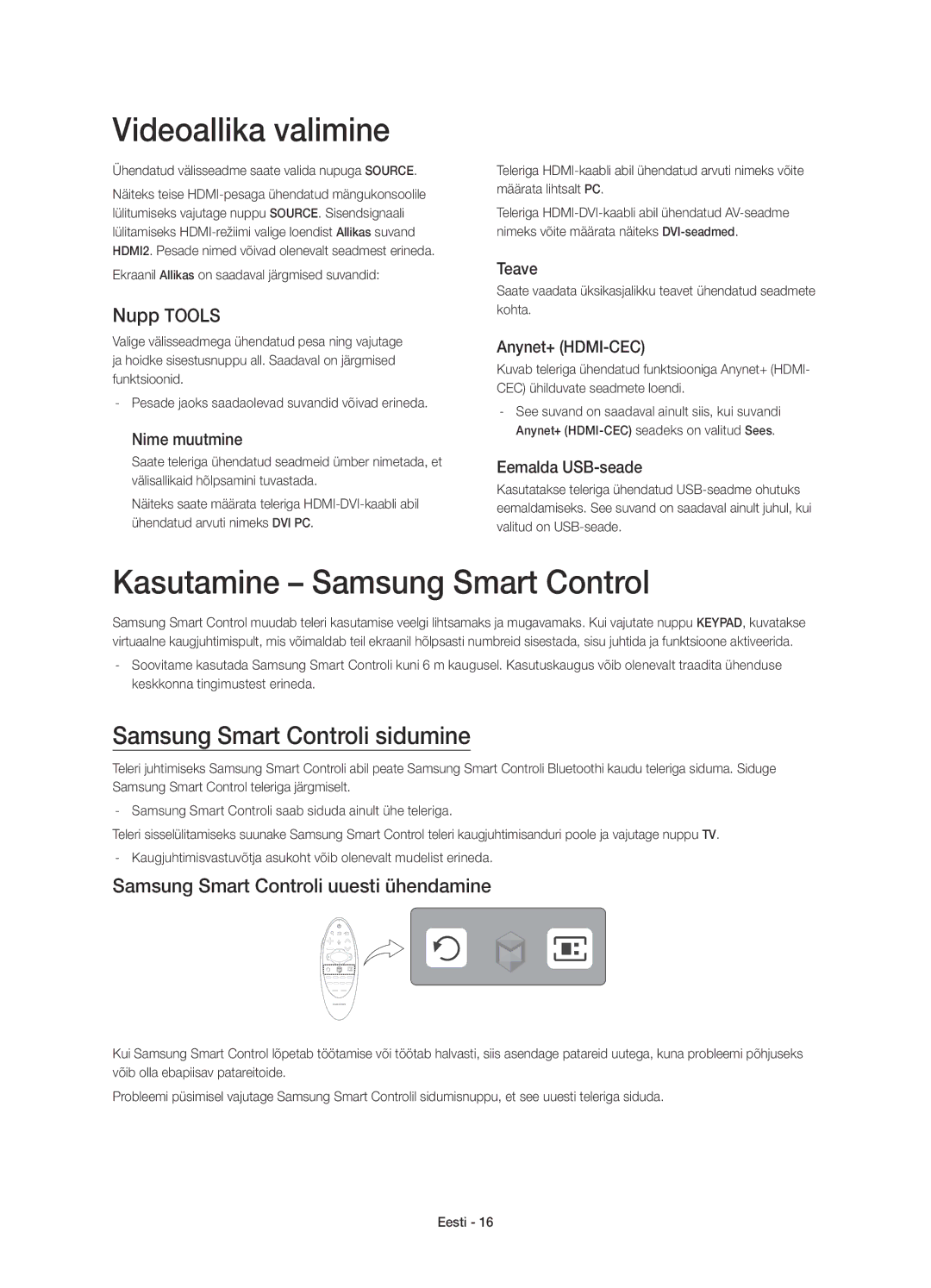 Samsung UE78HU8500LXXN Videoallika valimine, Kasutamine Samsung Smart Control, Samsung Smart Controli sidumine, Nupp Tools 