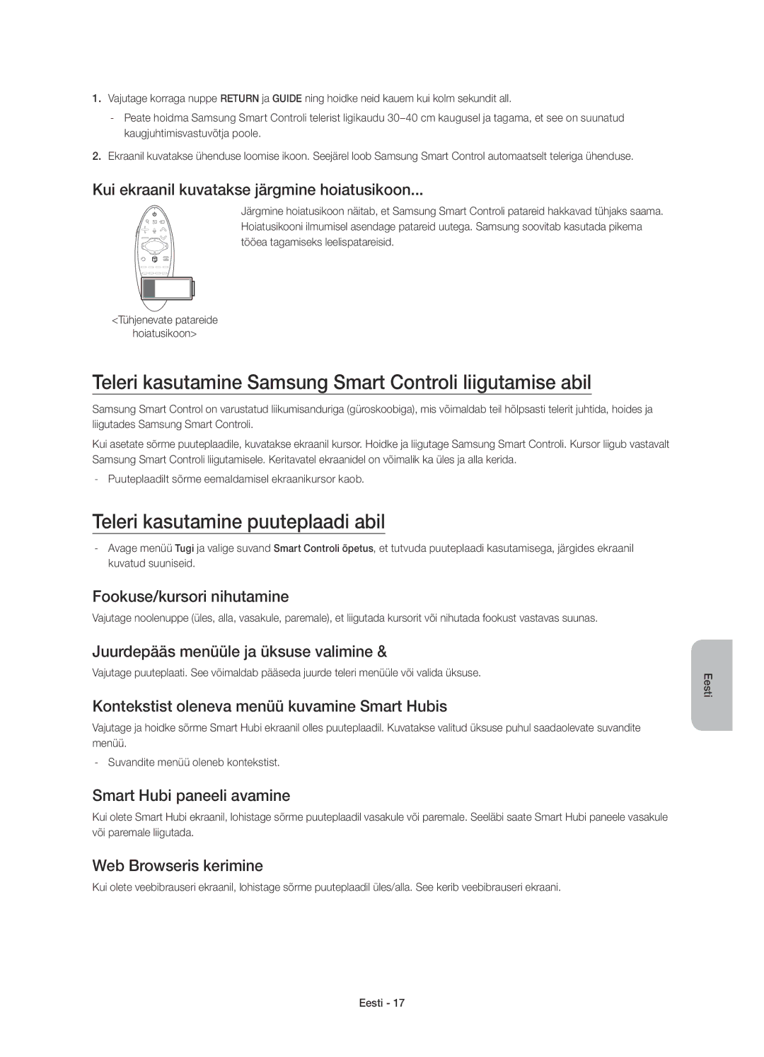 Samsung UE78HU8500TXXU manual Teleri kasutamine Samsung Smart Controli liigutamise abil, Teleri kasutamine puuteplaadi abil 