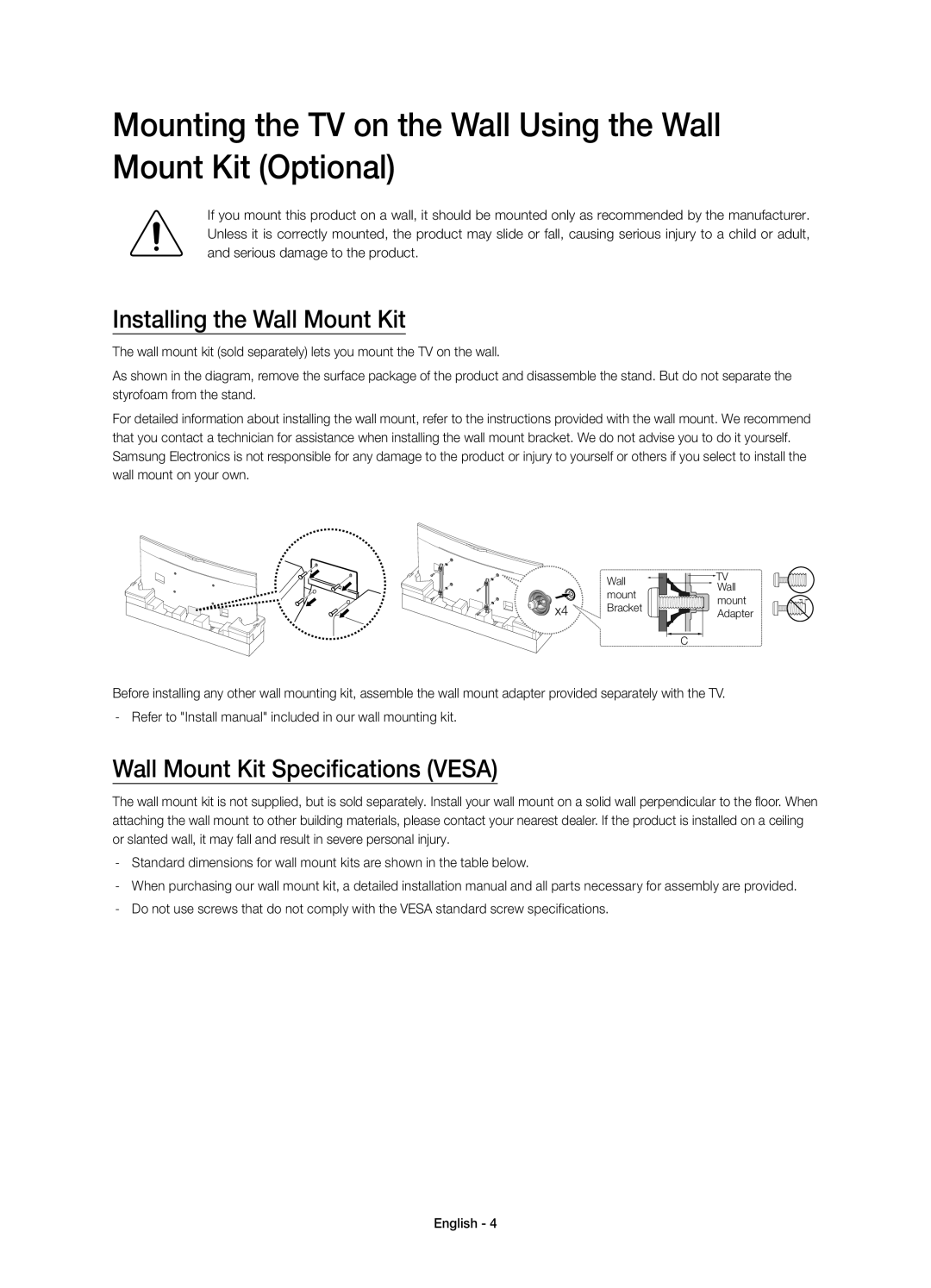 Samsung UE78HU8500LXXN, UE78HU8500LXXH, UE78HU8500LXZF Installing the Wall Mount Kit, Wall Mount Kit Specifications Vesa 