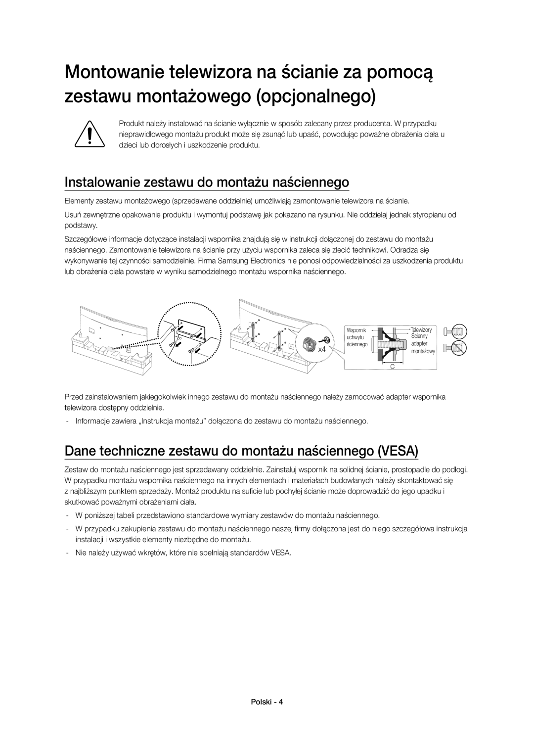 Samsung UE78HU8500LXXN Instalowanie zestawu do montażu naściennego, Dane techniczne zestawu do montażu naściennego Vesa 