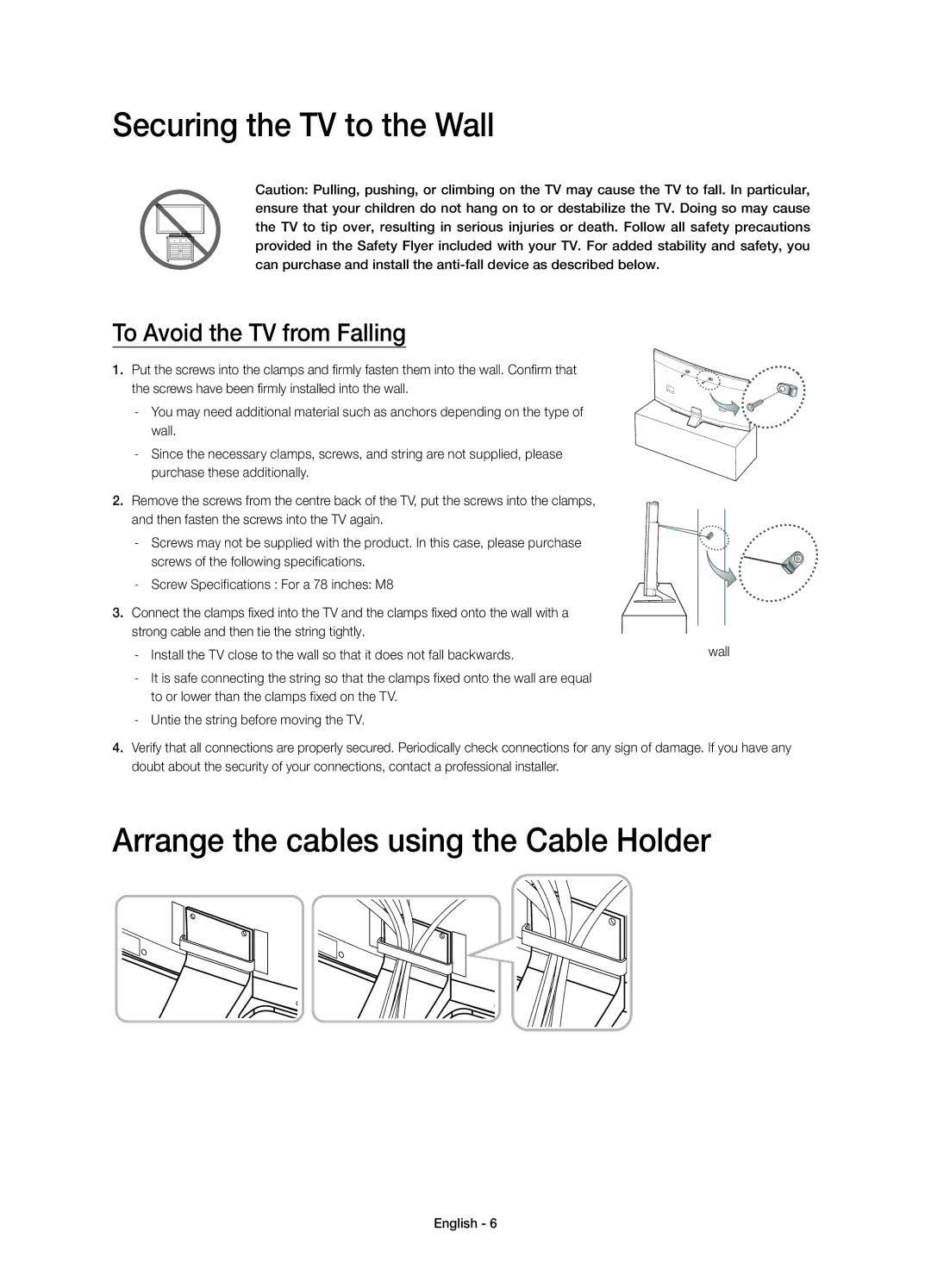 Samsung UE78HU8500LXXH, UE78HU8500LXZF manual Securing the TV to the Wall, Arrange the cables using the Cable Holder 