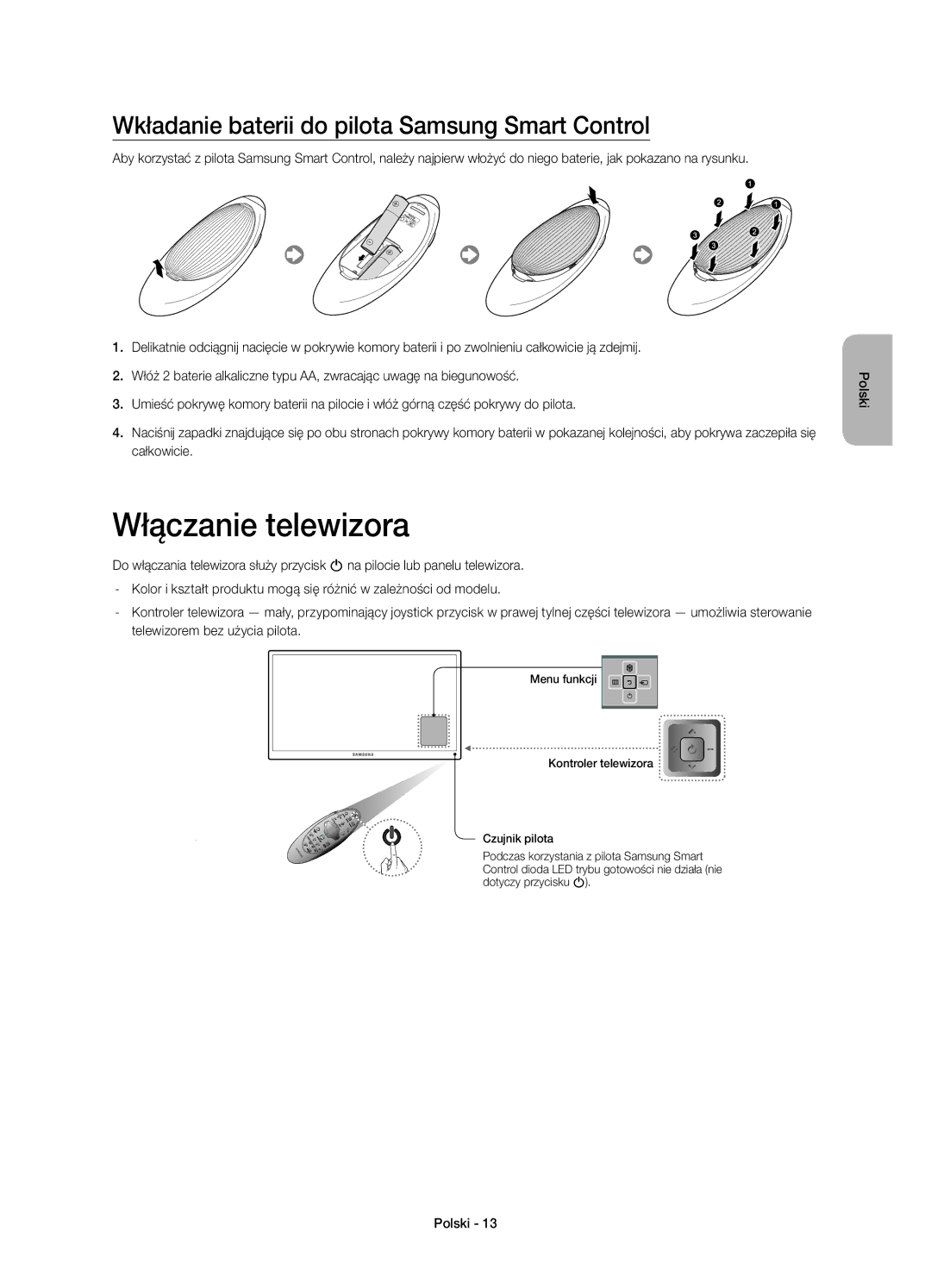 Samsung UE78HU8500LXZF, UE78HU8500LXXH manual Włączanie telewizora, Wkładanie baterii do pilota Samsung Smart Control 