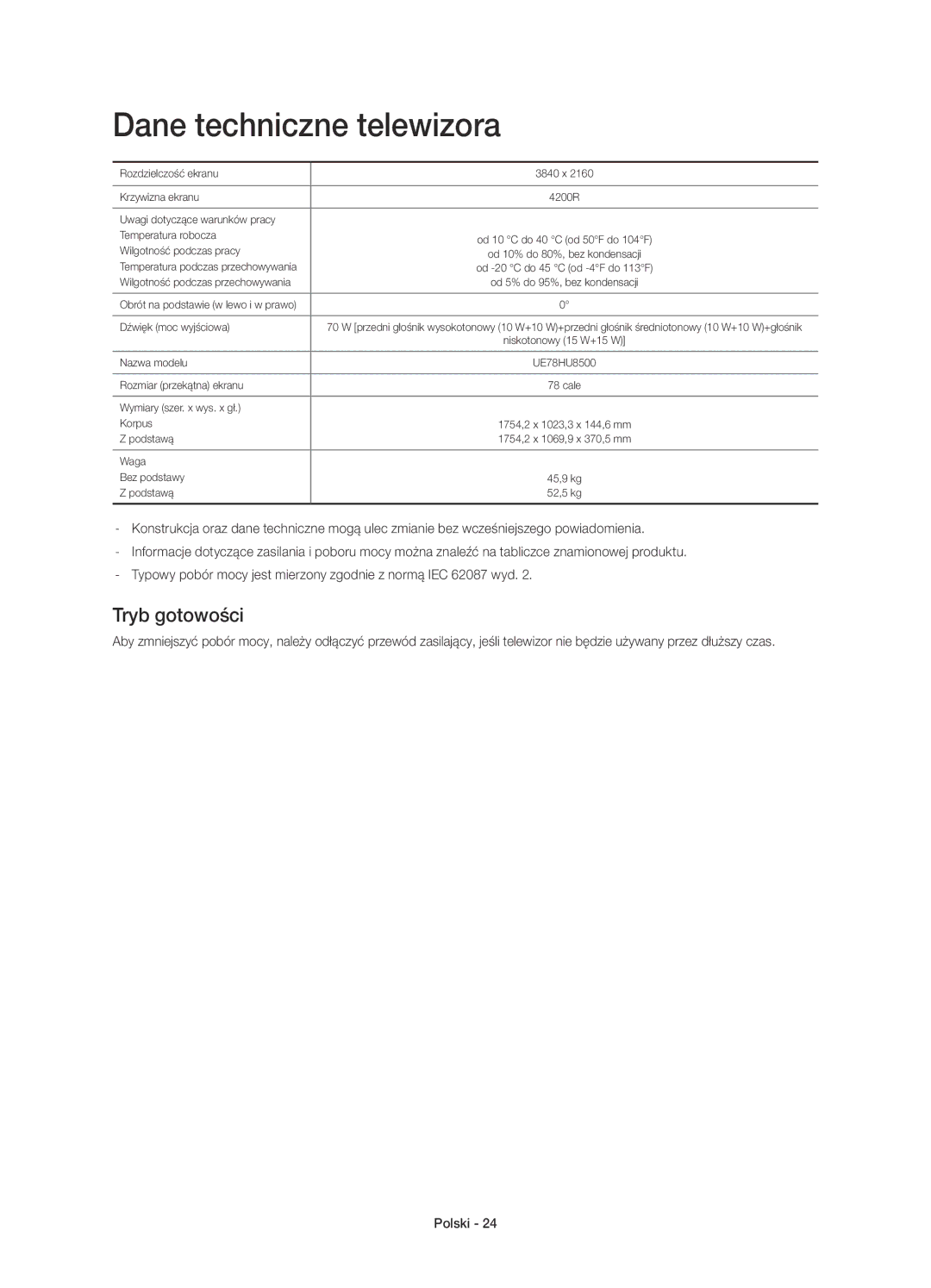 Samsung UE78HU8500LXXH, UE78HU8500LXZF, UE78HU8500LXXC, UE78HU8500TXXH manual Dane techniczne telewizora, Tryb gotowości 