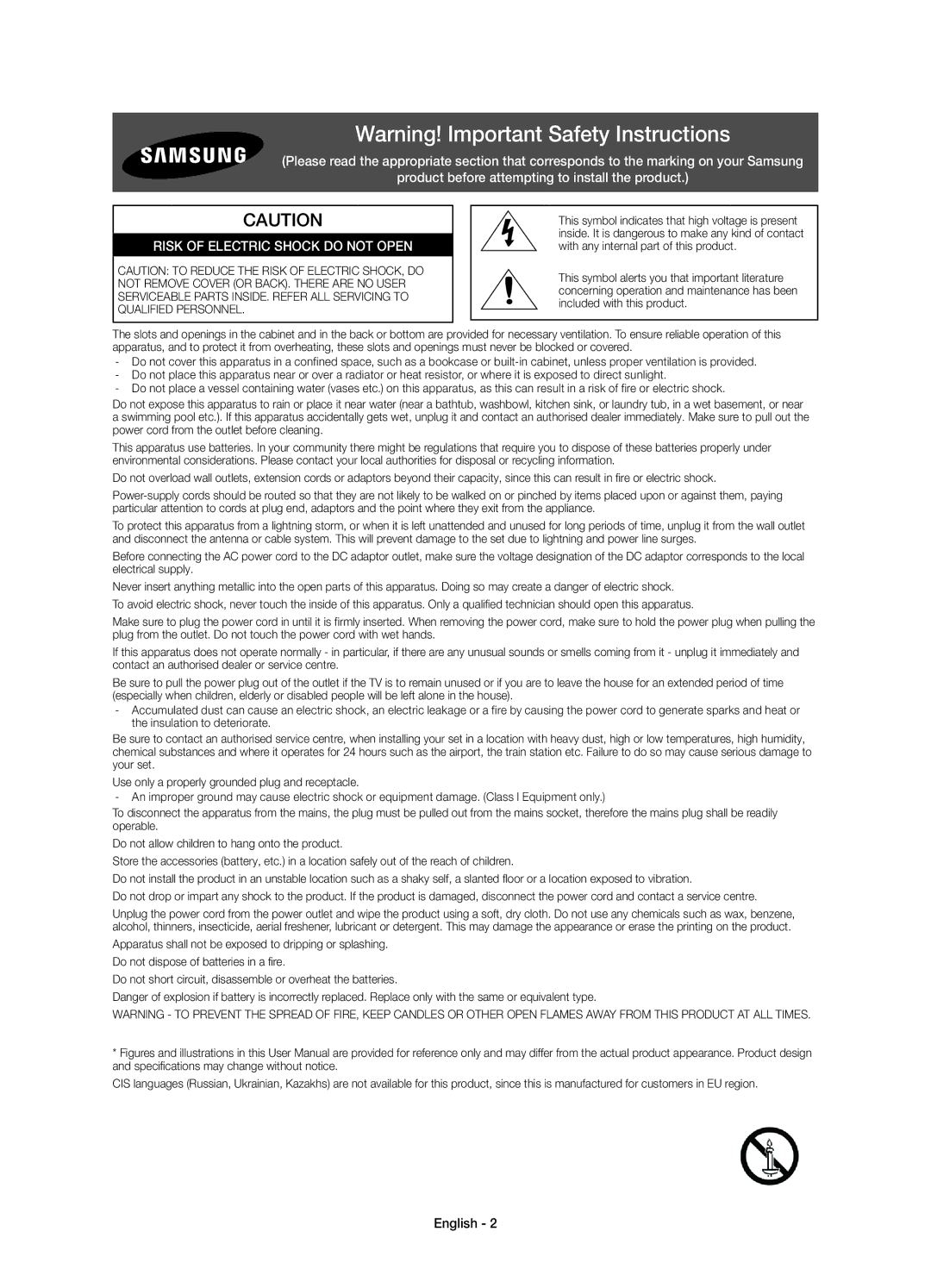 Samsung UE78HU8500LXZF manual Risk of Electric Shock do not Open, English 