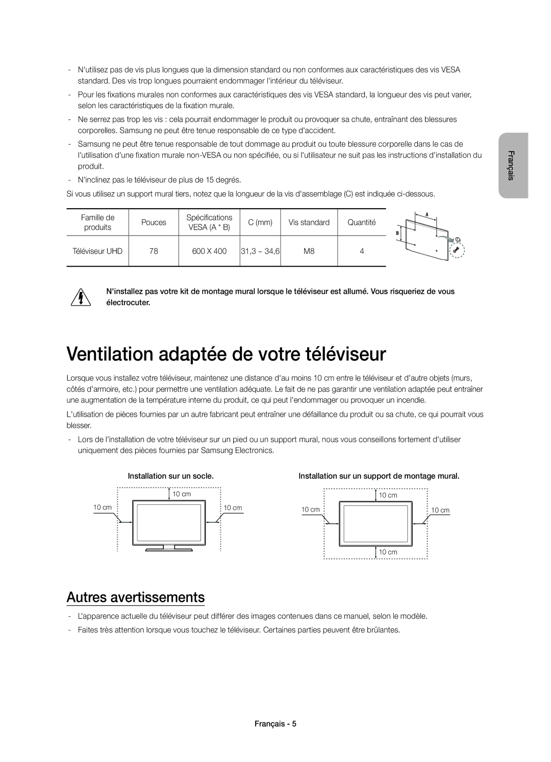 Samsung UE78HU8500LXZF manual Ventilation adaptée de votre téléviseur, Autres avertissements 