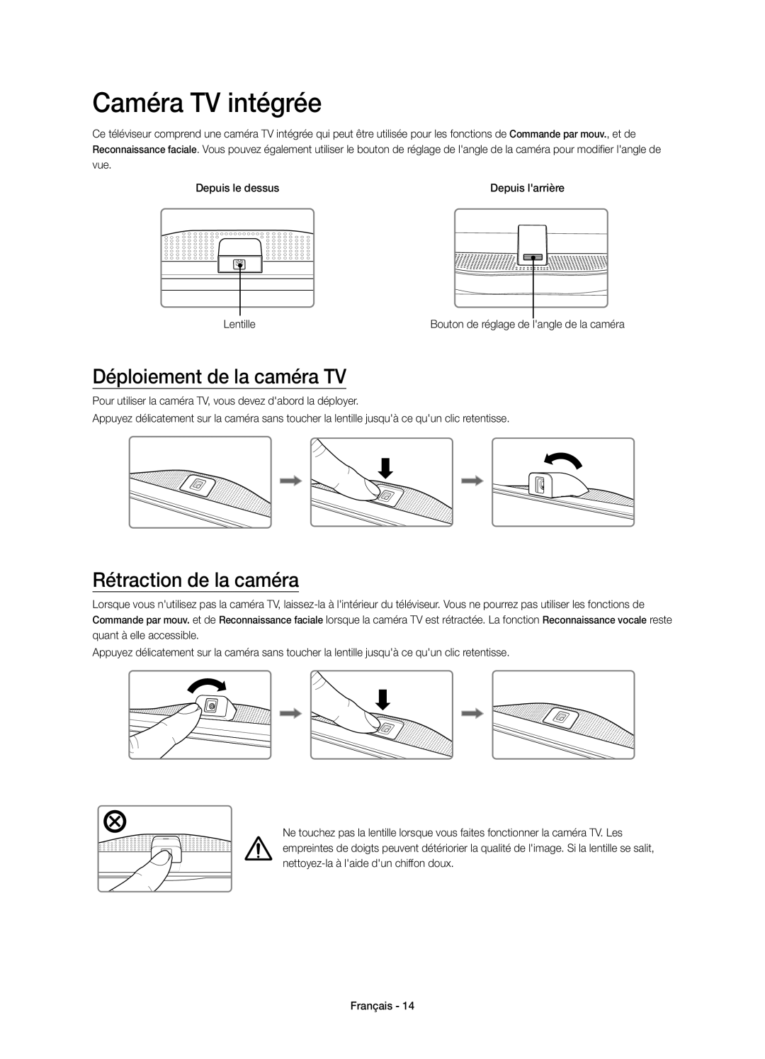 Samsung UE78HU8500LXZF manual Caméra TV intégrée, Déploiement de la caméra TV, Rétraction de la caméra, Lentille 