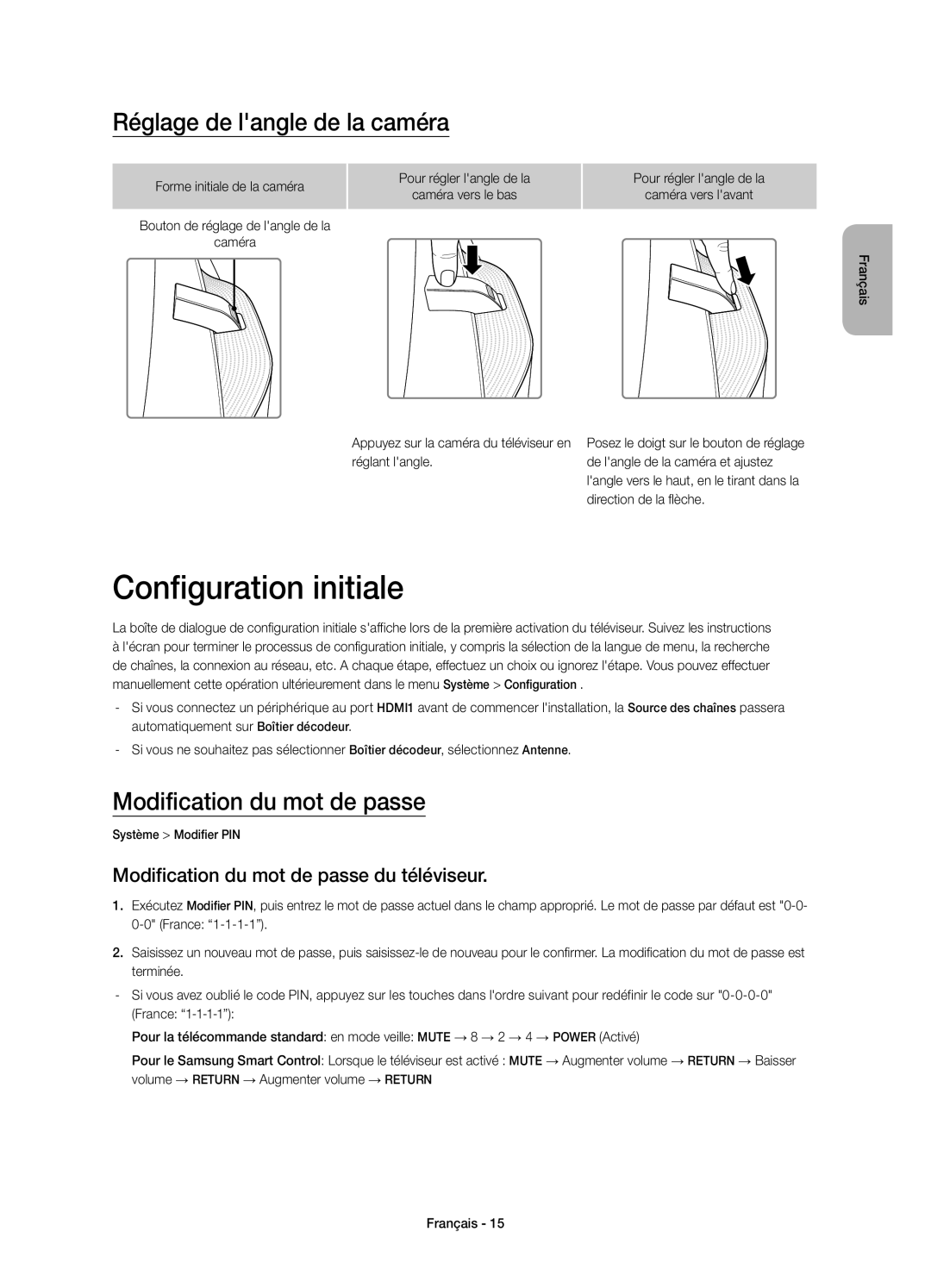 Samsung UE78HU8500LXZF manual Configuration initiale, Réglage de langle de la caméra, Modification du mot de passe 