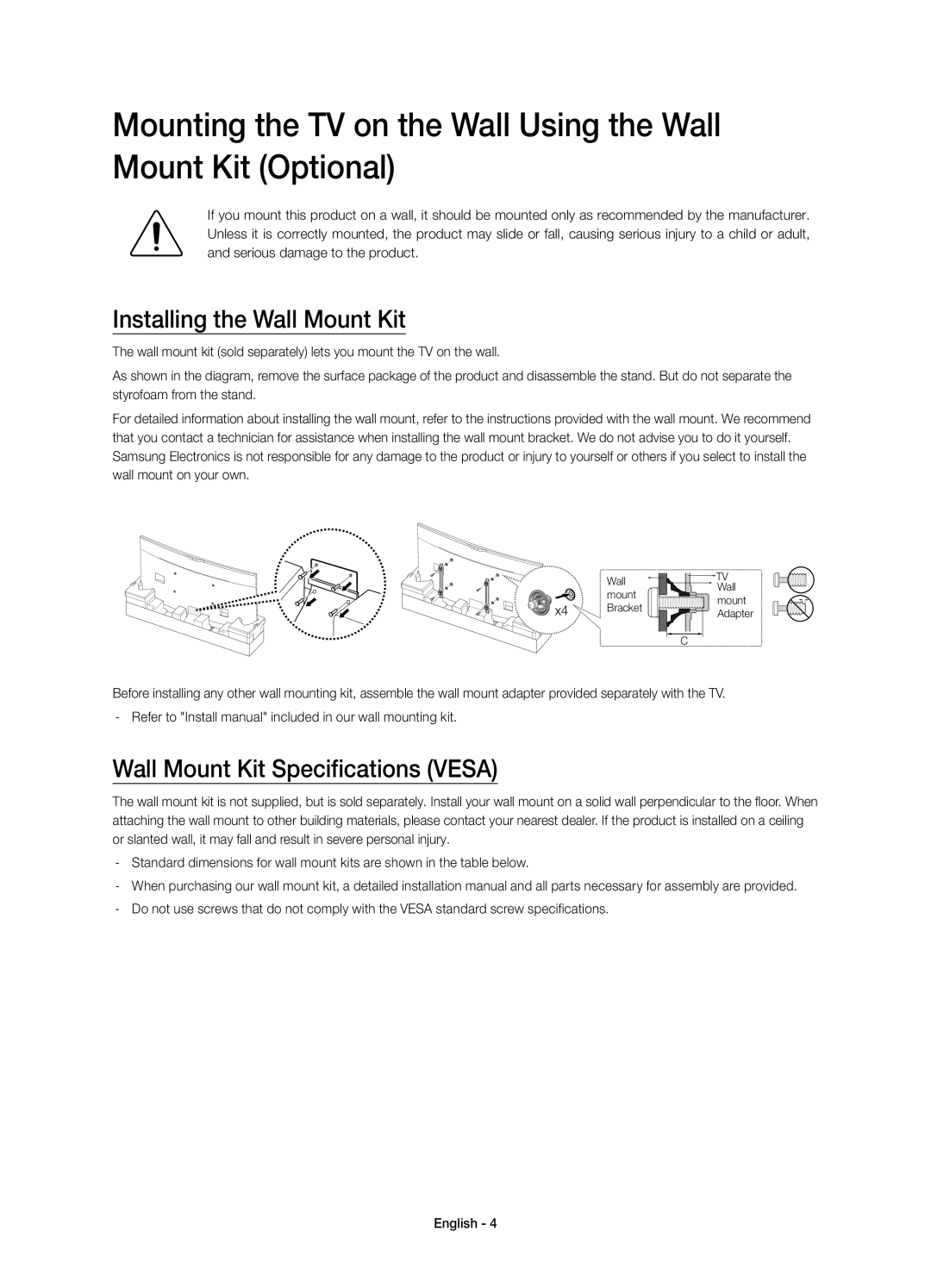 Samsung UE78HU8500LXZF manual Installing the Wall Mount Kit, Wall Mount Kit Specifications Vesa 