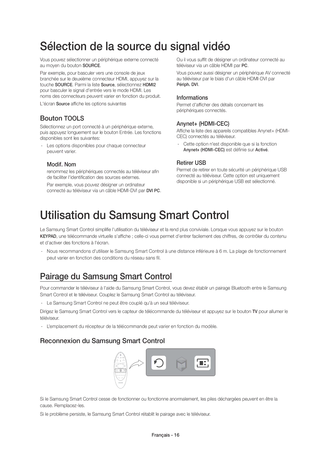 Samsung UE78HU8500LXZF manual Sélection de la source du signal vidéo, Utilisation du Samsung Smart Control, Bouton Tools 