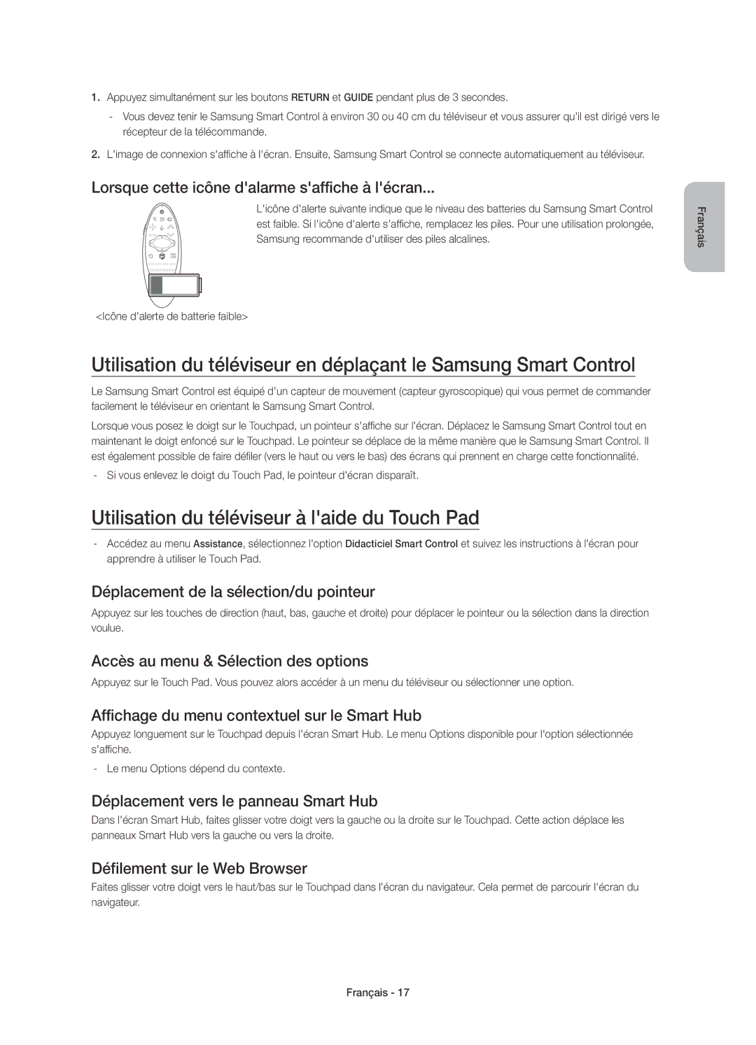 Samsung UE78HU8500LXZF manual Utilisation du téléviseur à laide du Touch Pad 