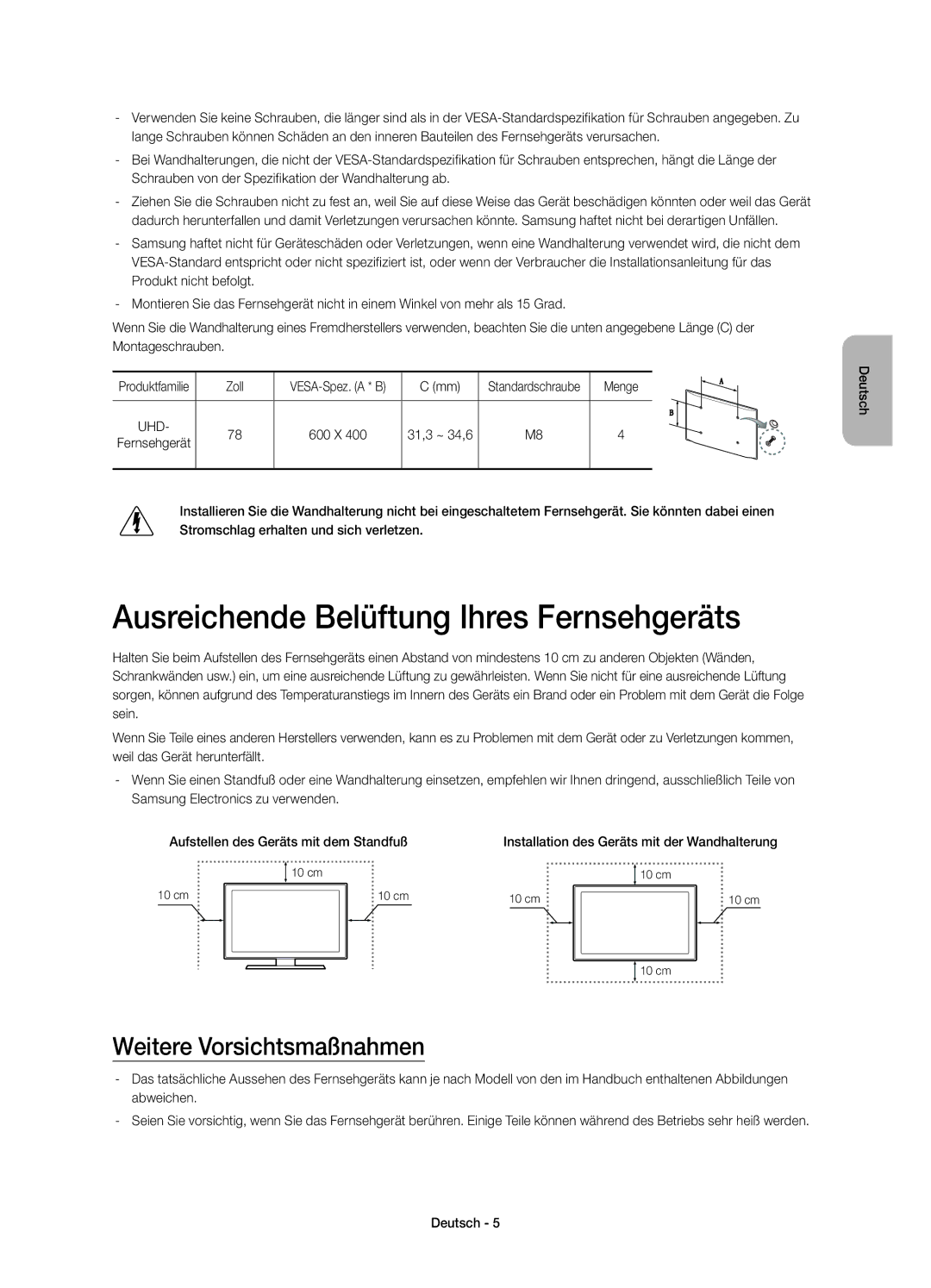 Samsung UE78HU8500LXZF manual Ausreichende Belüftung Ihres Fernsehgeräts, Weitere Vorsichtsmaßnahmen, Zoll, 31,3 ~ 34,6 