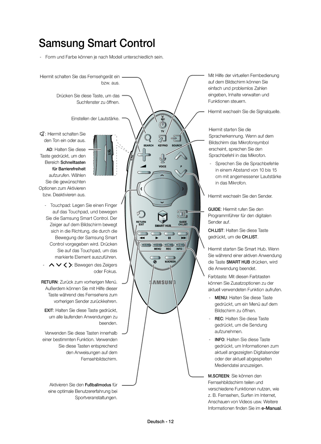 Samsung UE78HU8500LXZF manual Form und Farbe können je nach Modell unterschiedlich sein, ¡ £ Bewegen des Zeigers oder Fokus 