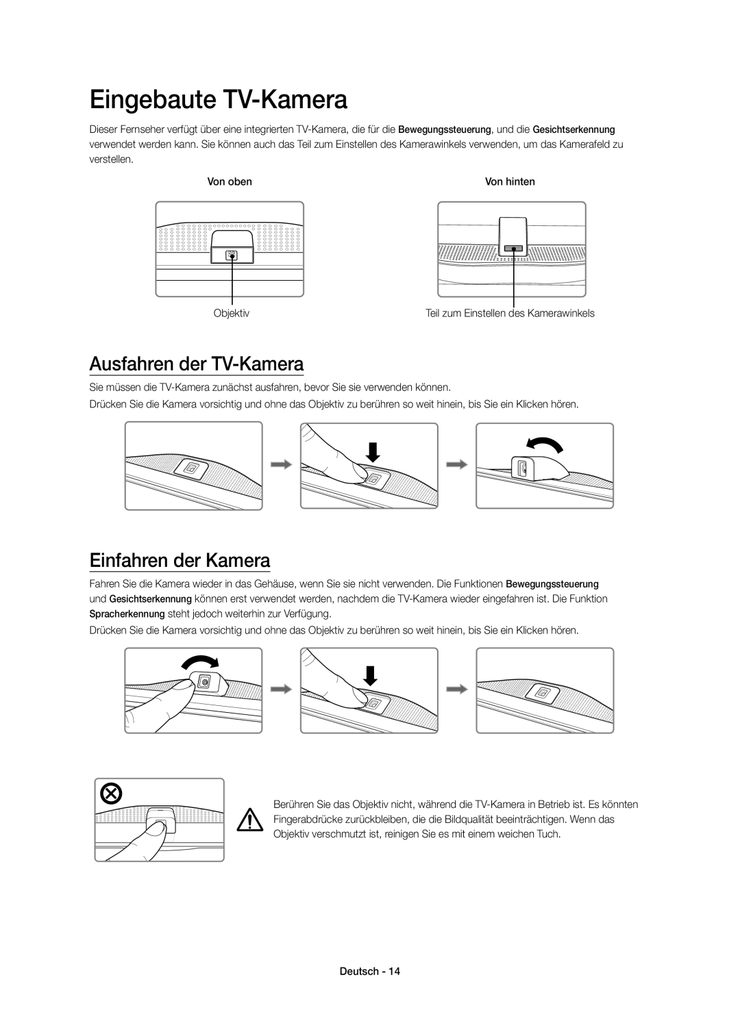 Samsung UE78HU8500LXZF manual Eingebaute TV-Kamera, Ausfahren der TV-Kamera, Einfahren der Kamera, Objektiv 