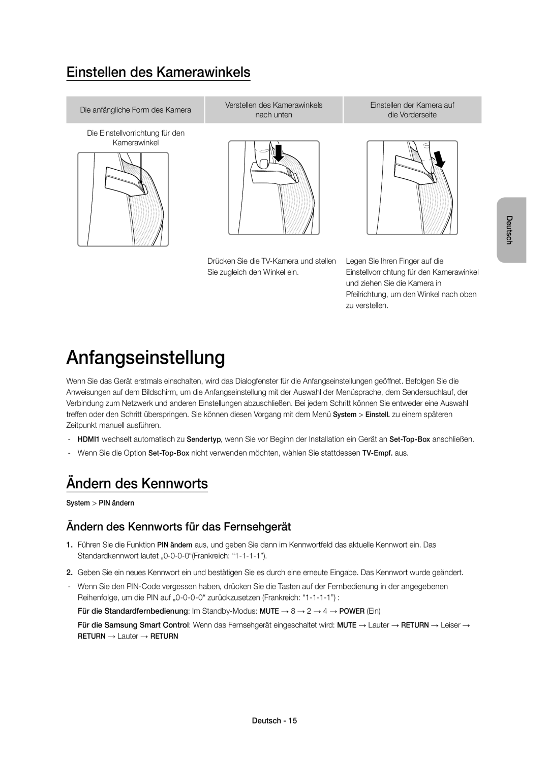 Samsung UE78HU8500LXZF manual Anfangseinstellung, Einstellen des Kamerawinkels, Ändern des Kennworts 