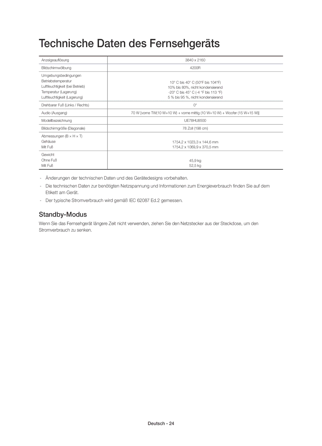 Samsung UE78HU8500LXZF manual Technische Daten des Fernsehgeräts, Standby-Modus 