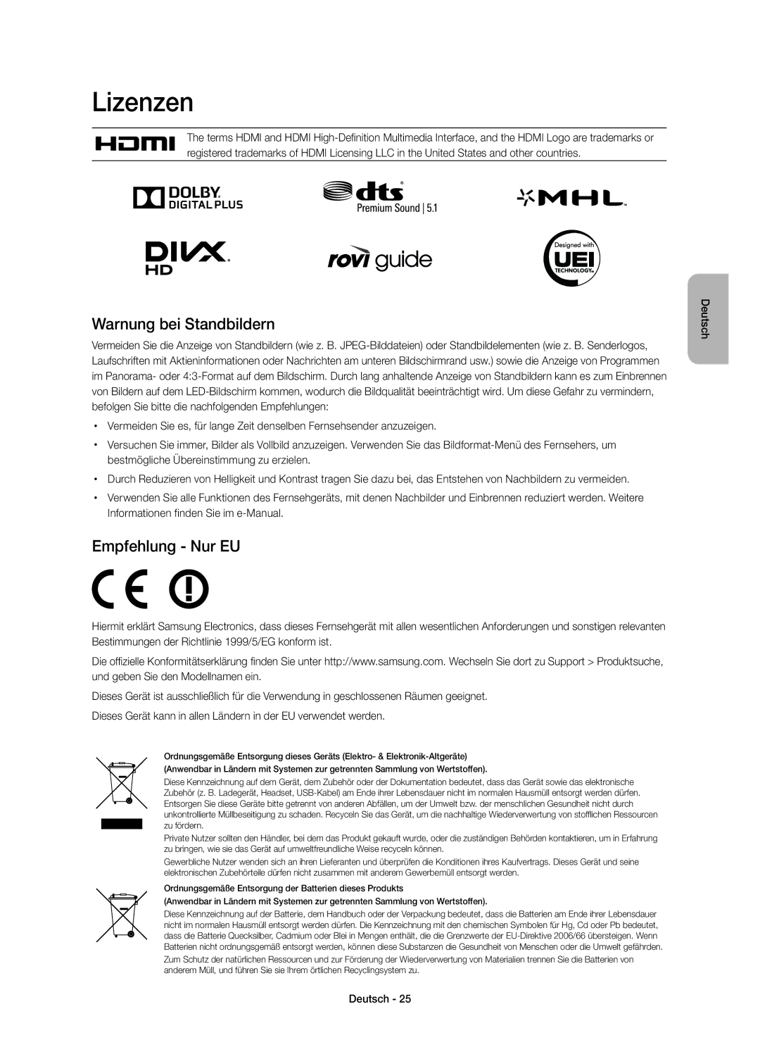 Samsung UE78HU8500LXZF Lizenzen, Warnung bei Standbildern, Empfehlung Nur EU, Bestmögliche Übereinstimmung zu erzielen 