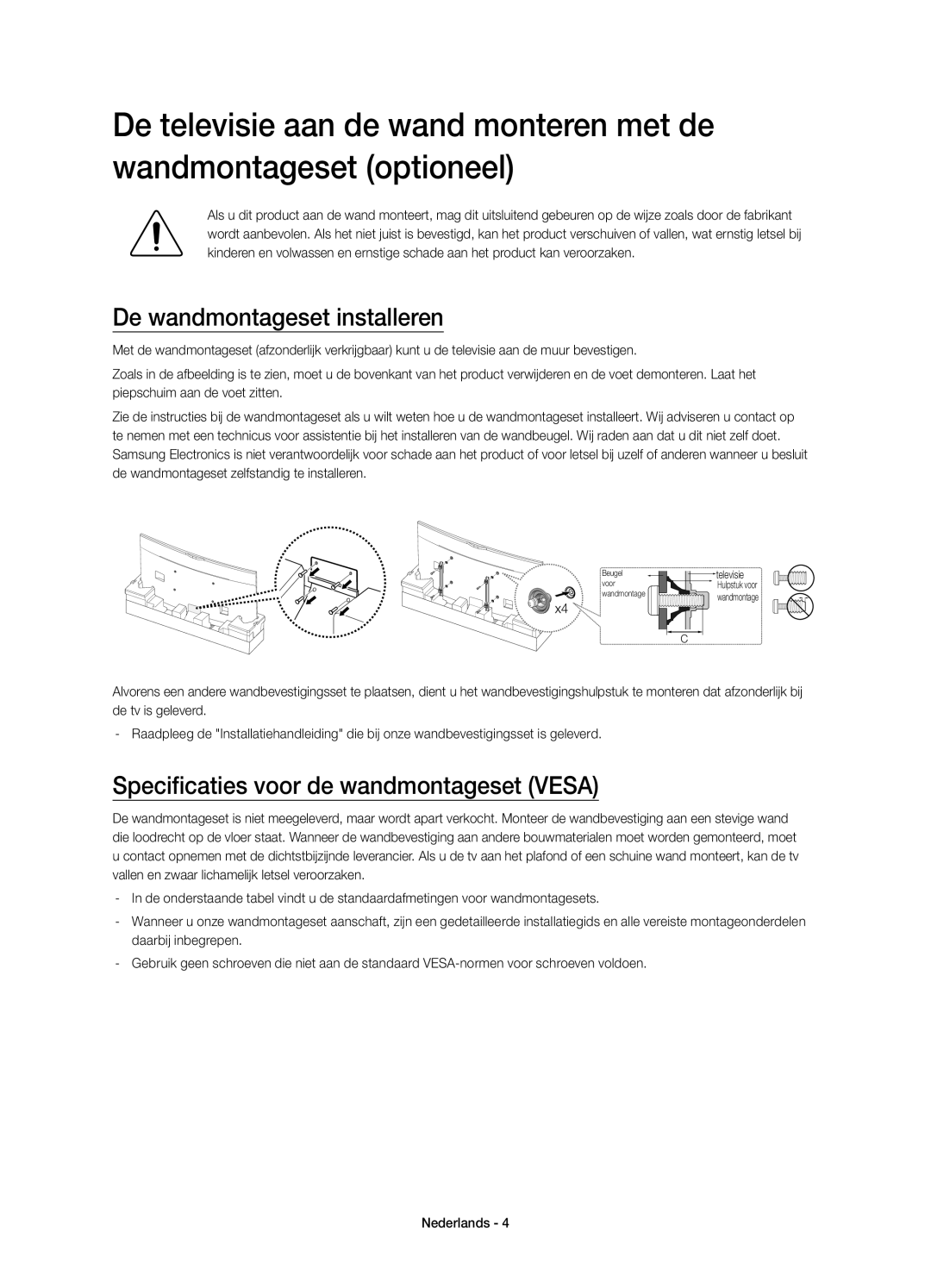 Samsung UE78HU8500LXZF manual De wandmontageset installeren, Specificaties voor de wandmontageset Vesa 